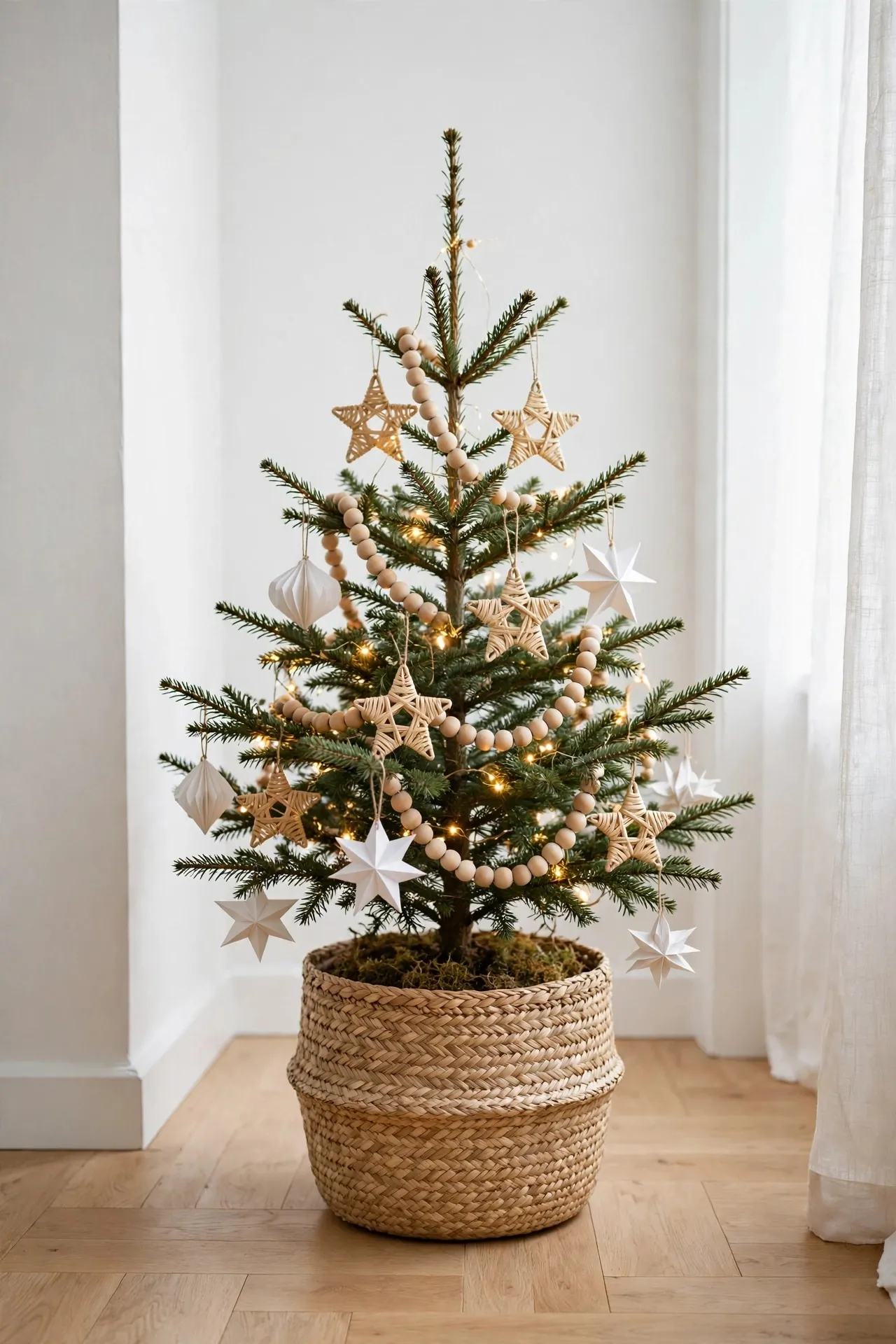 Scandinavian Christmas tree with wooden and straw ornaments