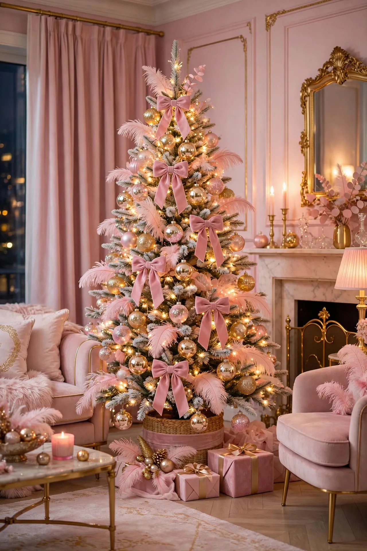Pink and gold Christmas tree in a glamorous living room
