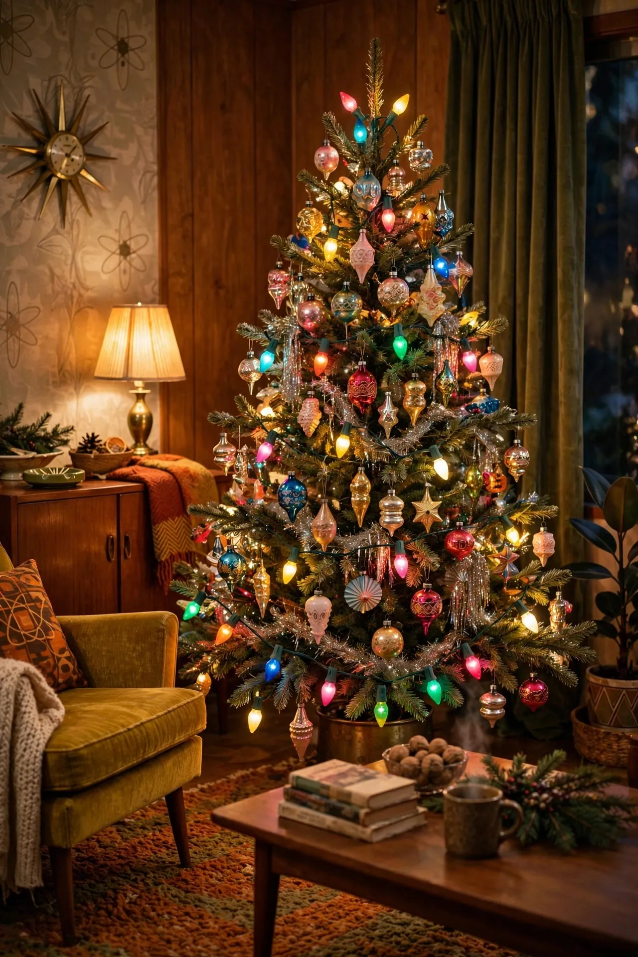 Vintage Christmas tree with colorful glass ornaments and tinsel