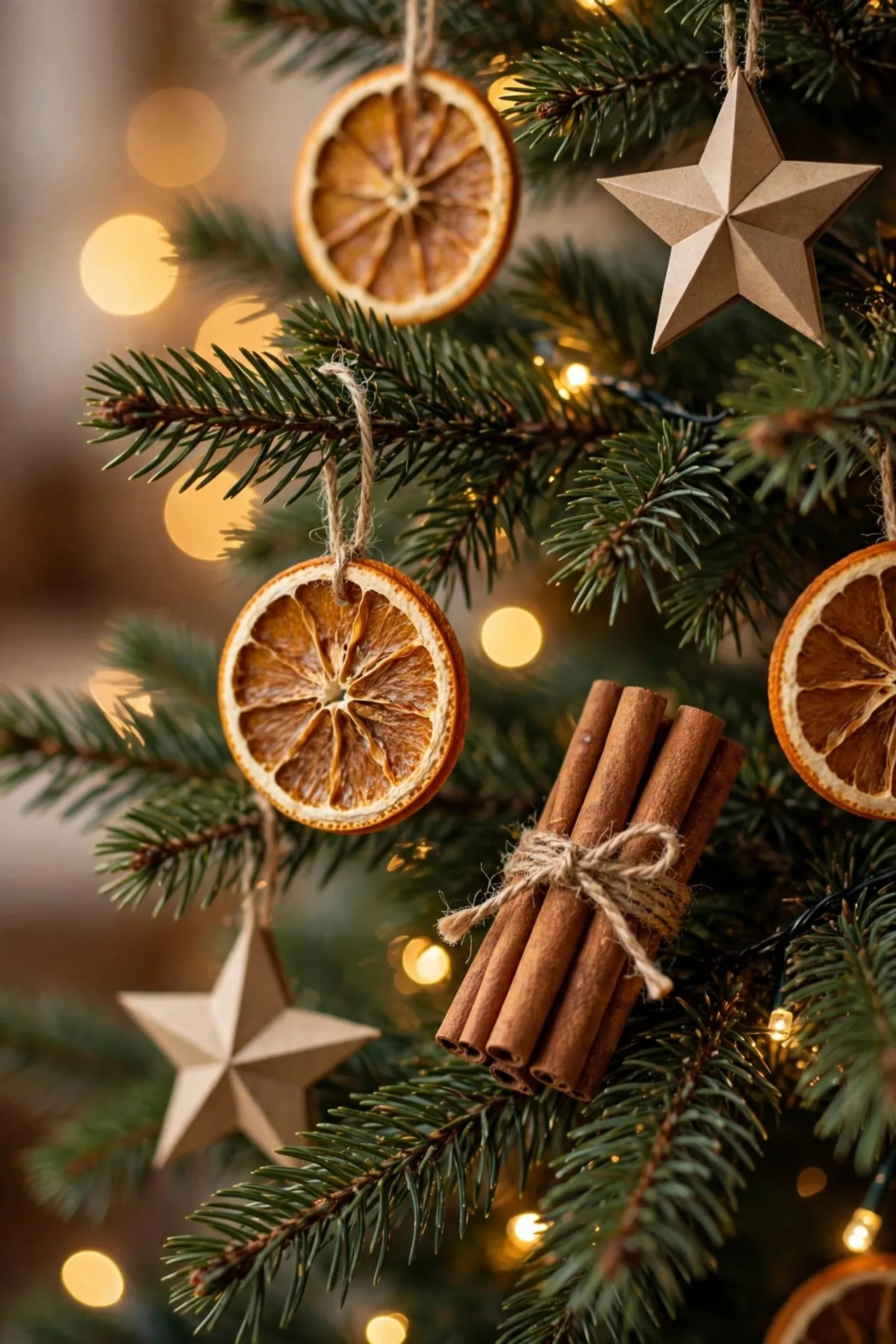Christmas tree decorated with dried oranges and cinnamon
