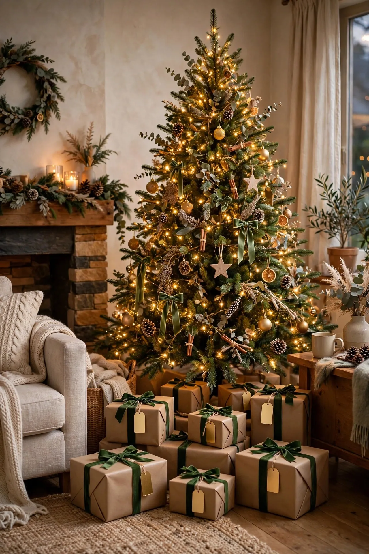 Christmas tree with presents wrapped in matching paper