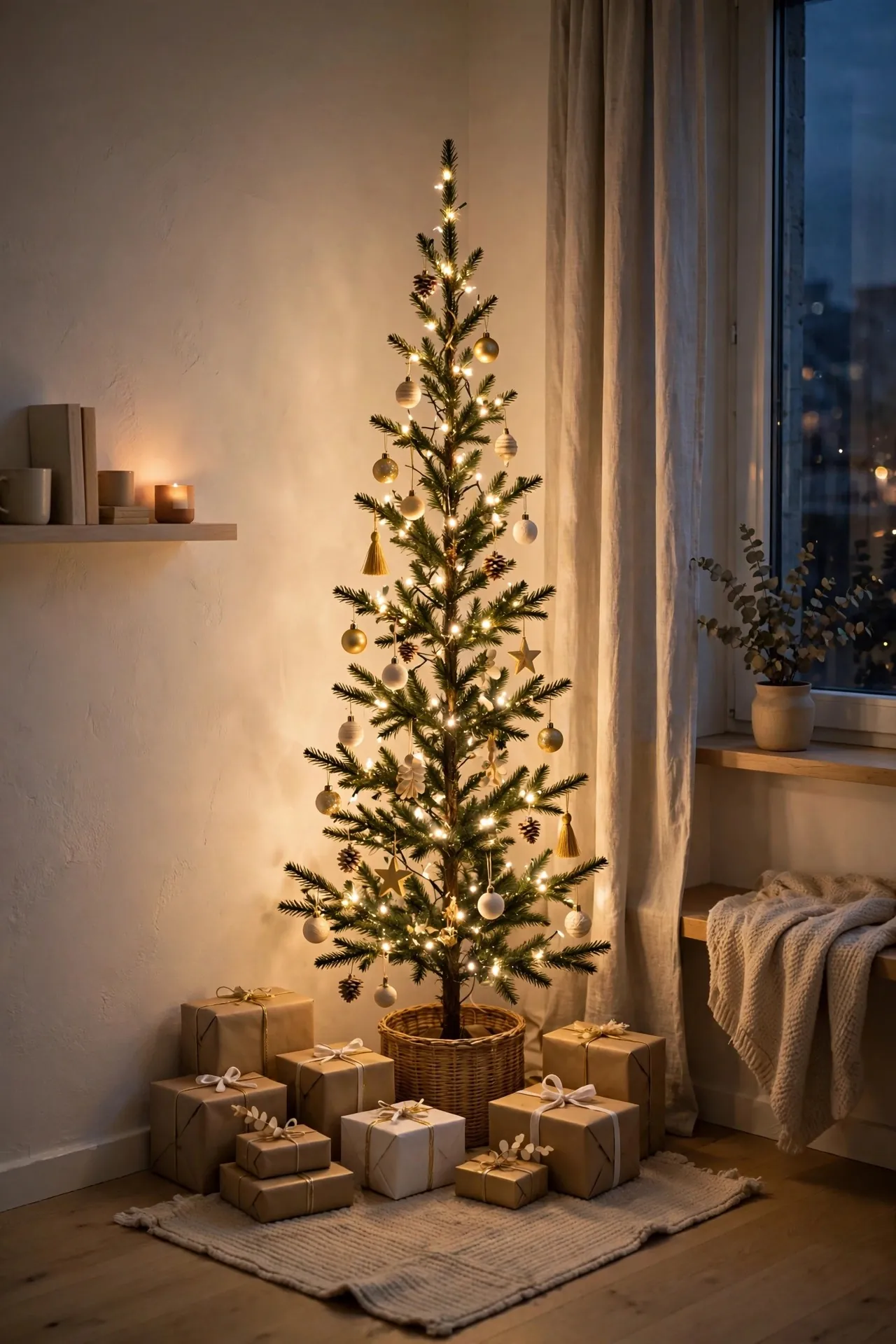 Slim pencil Christmas tree in a small apartment corner