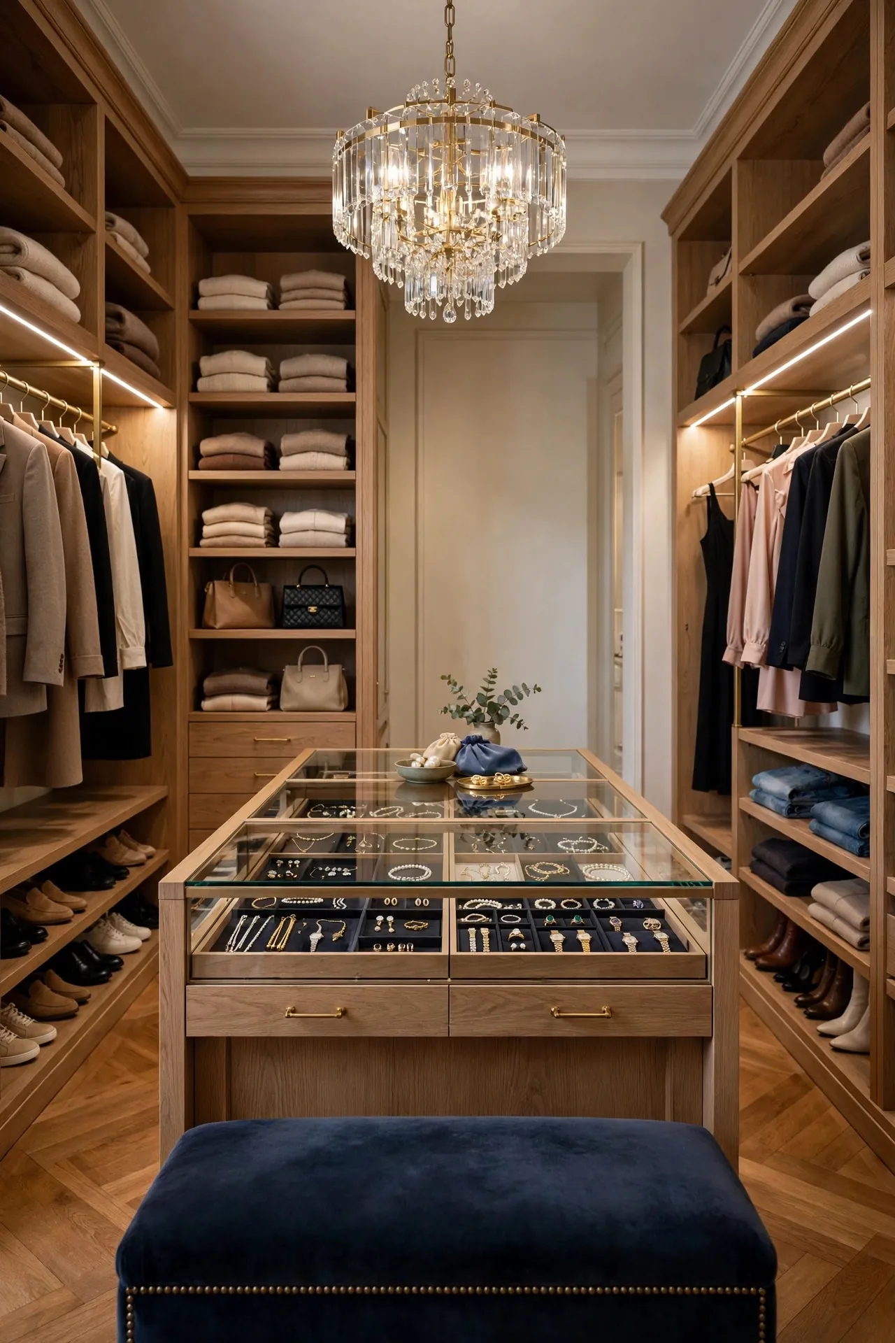 Walk-in closet with a central island and drawers