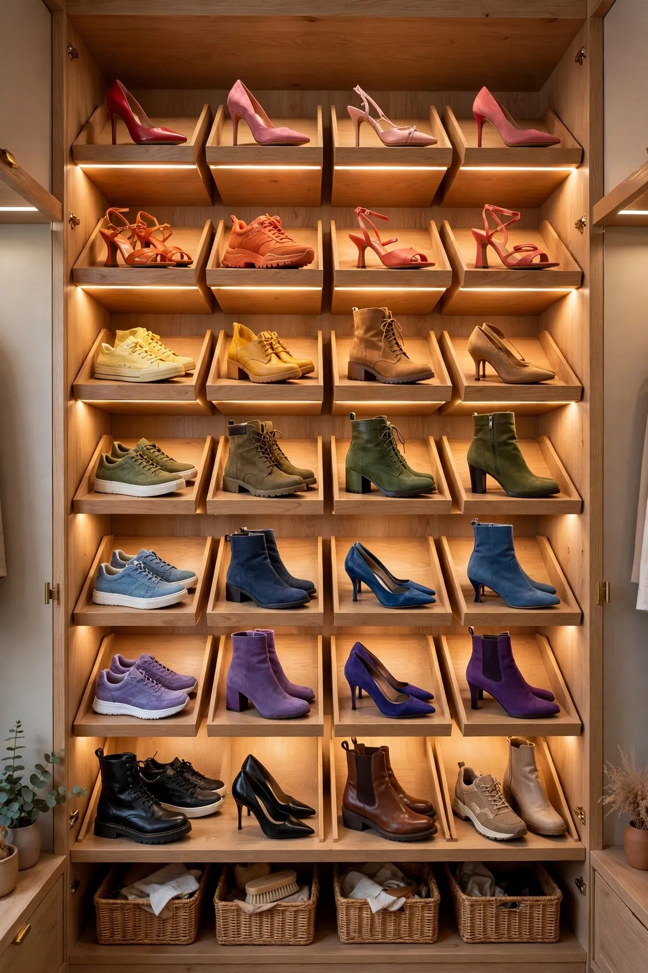 Closet shoe wall with lit shelves