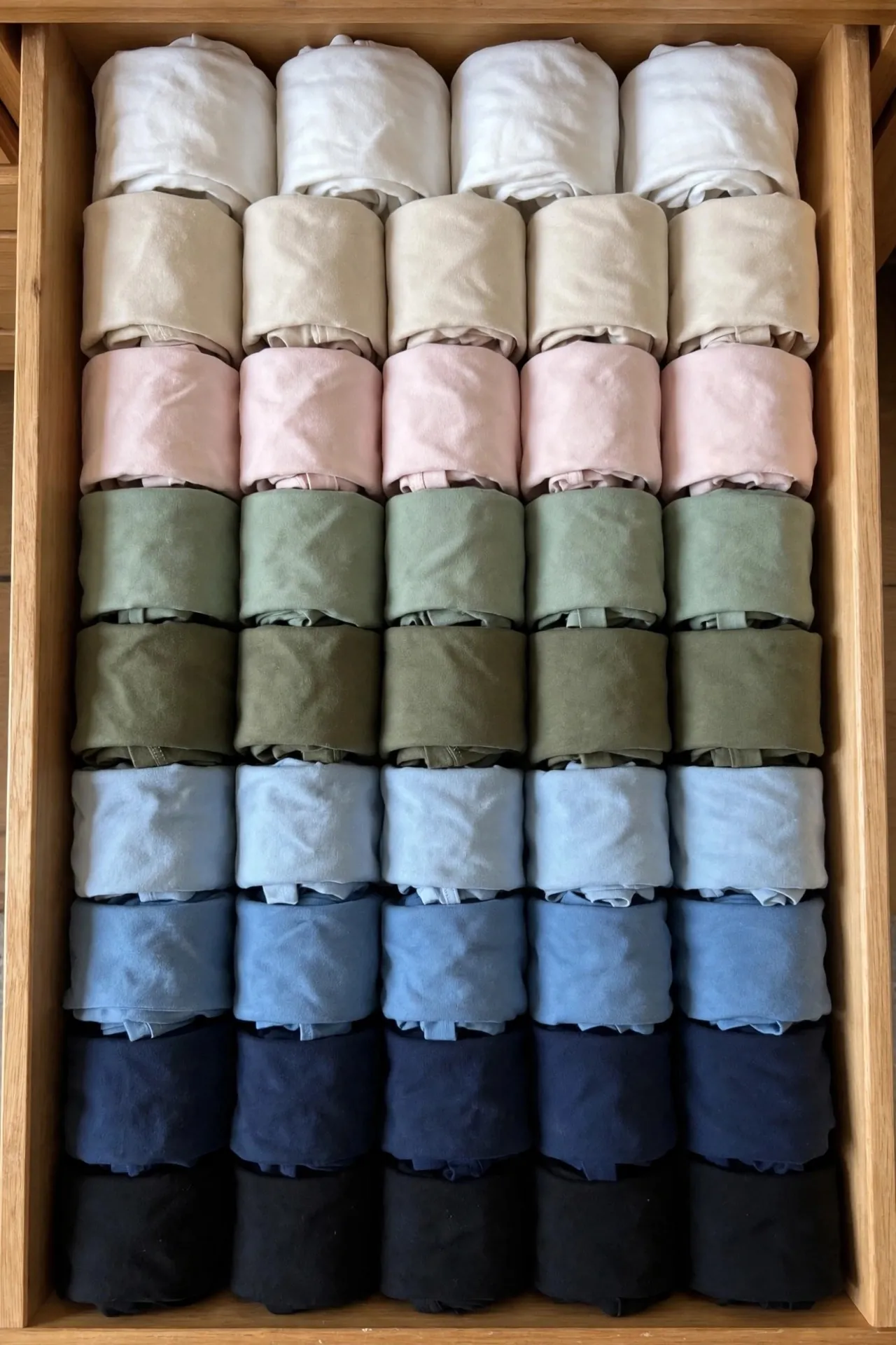 Drawer of file folded t-shirts and clothes