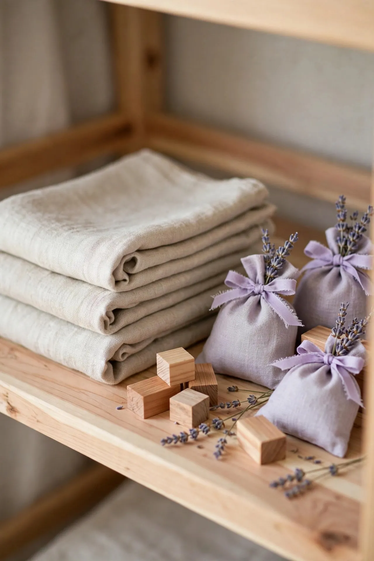 Closet shelf with lavender sachets and folded linens
