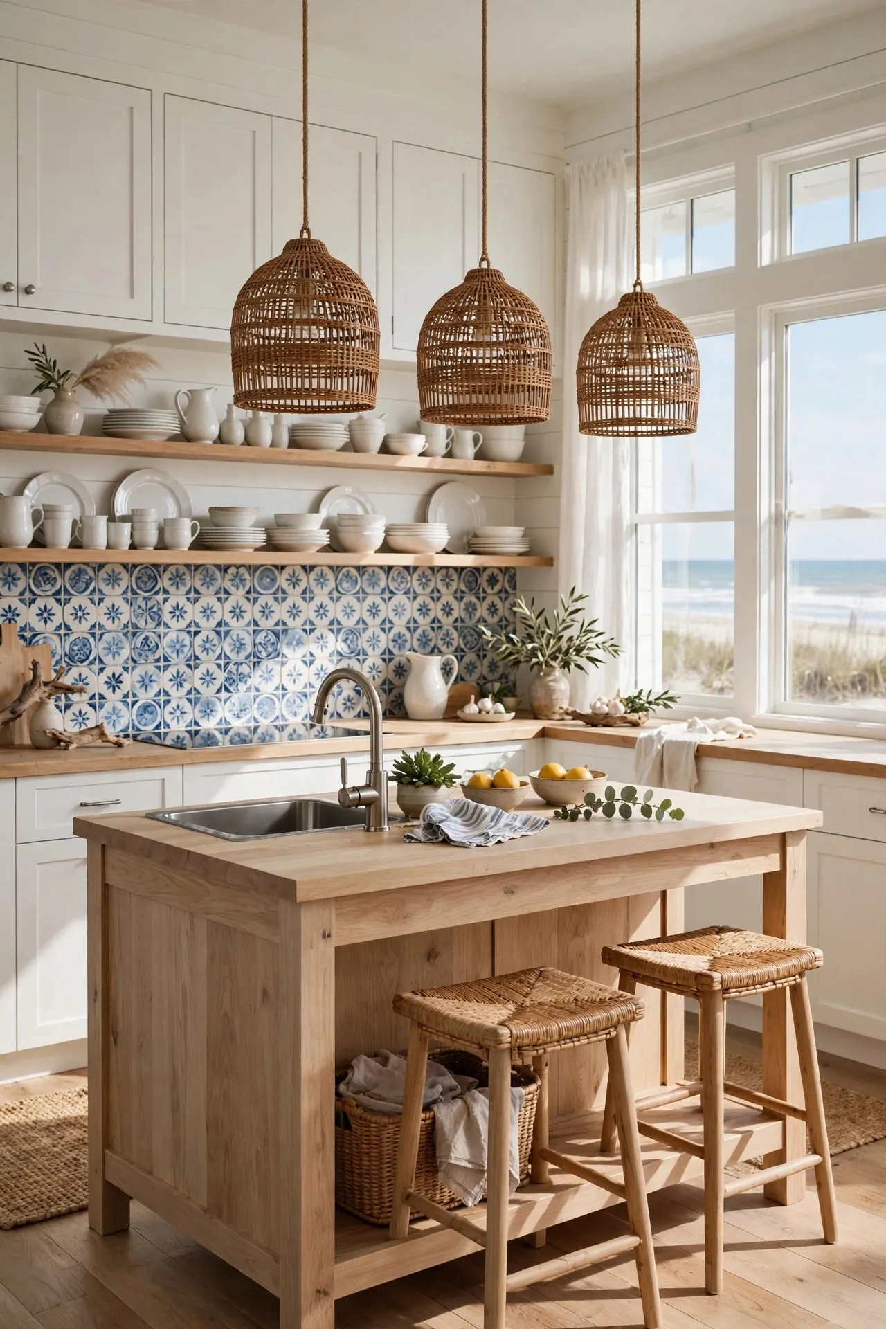 Coastal kitchen with white cabinets and blue tile backsplash