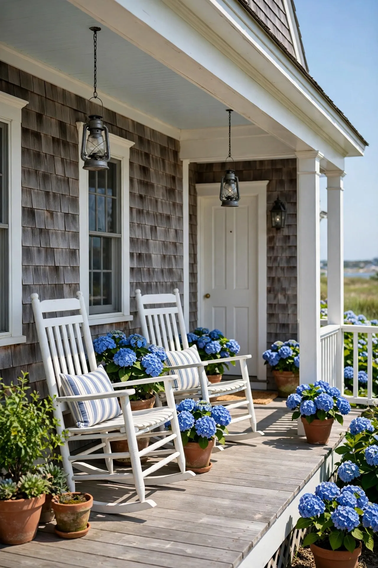 Coastal cottage porch with white rocking chairs and hydrangeas