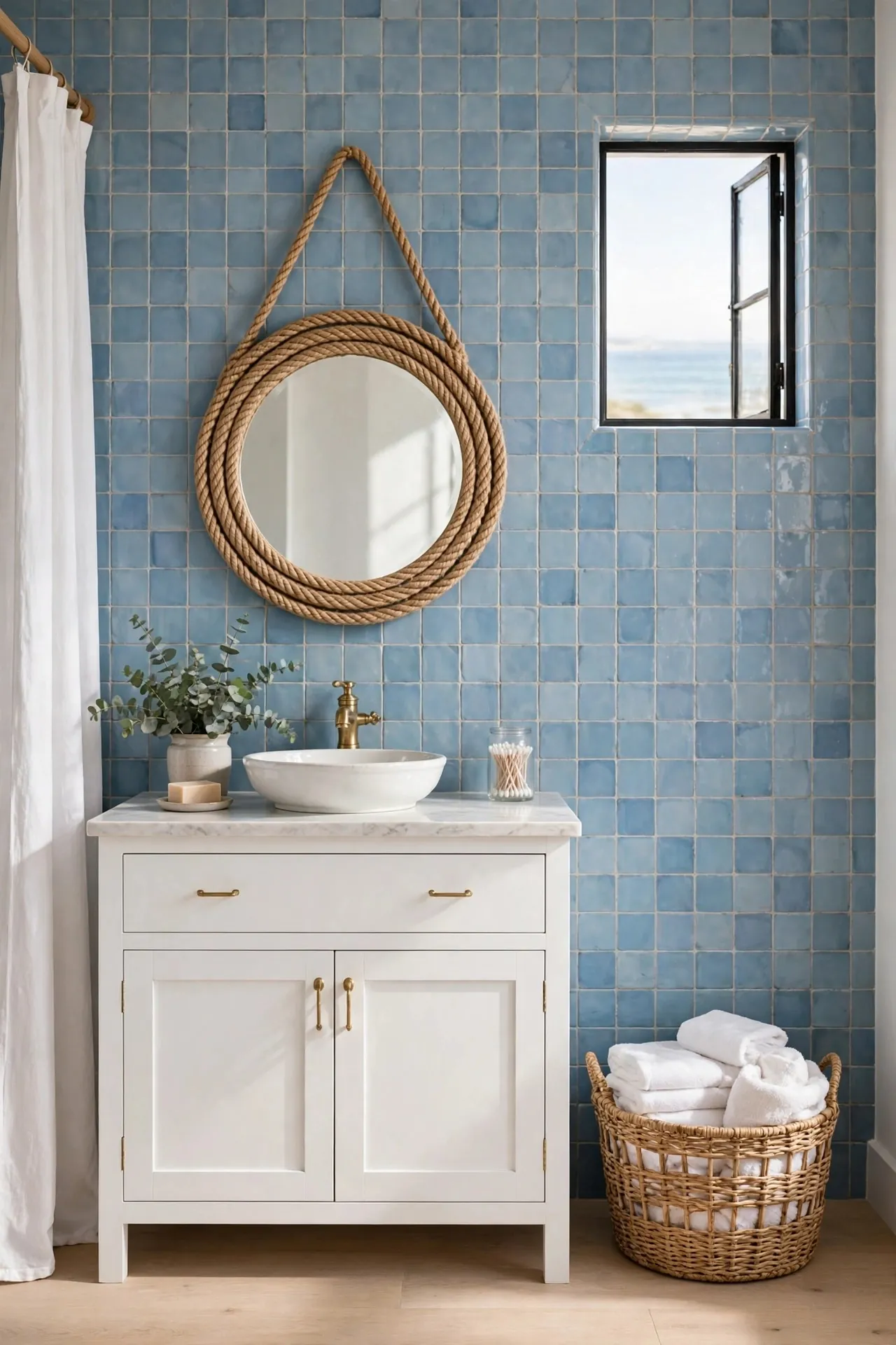 Coastal bathroom with blue tile and white towels