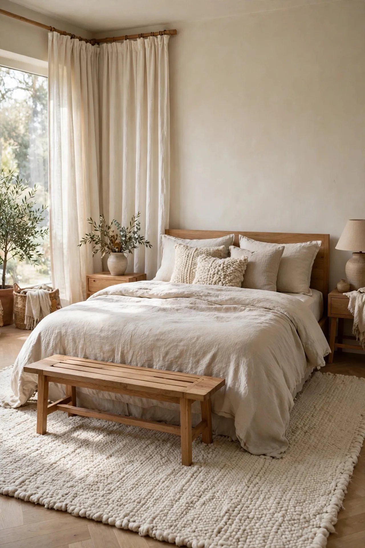 Bedroom with a large textured wool rug under the bed