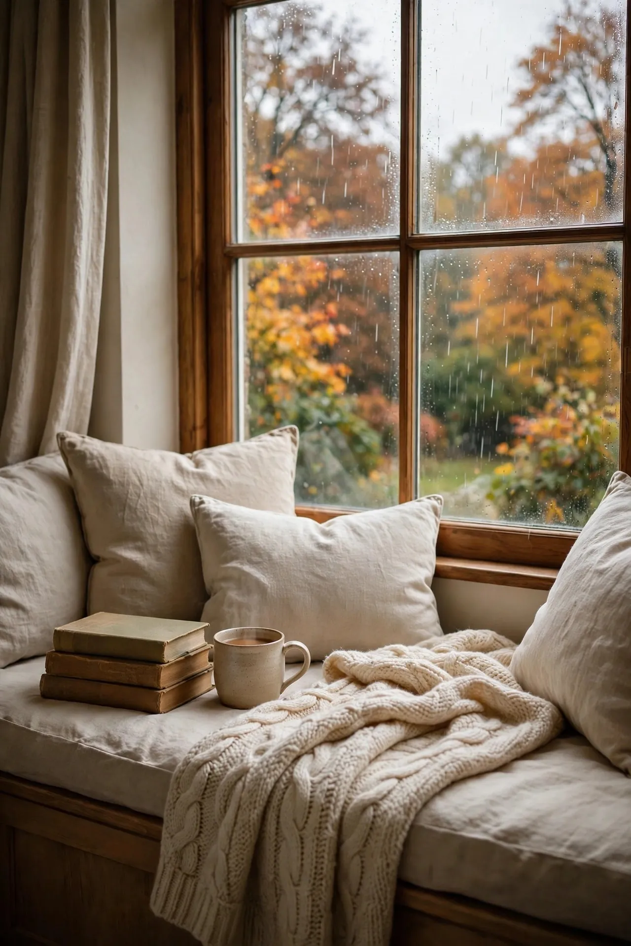 Bedroom window seat with cushions and a view
