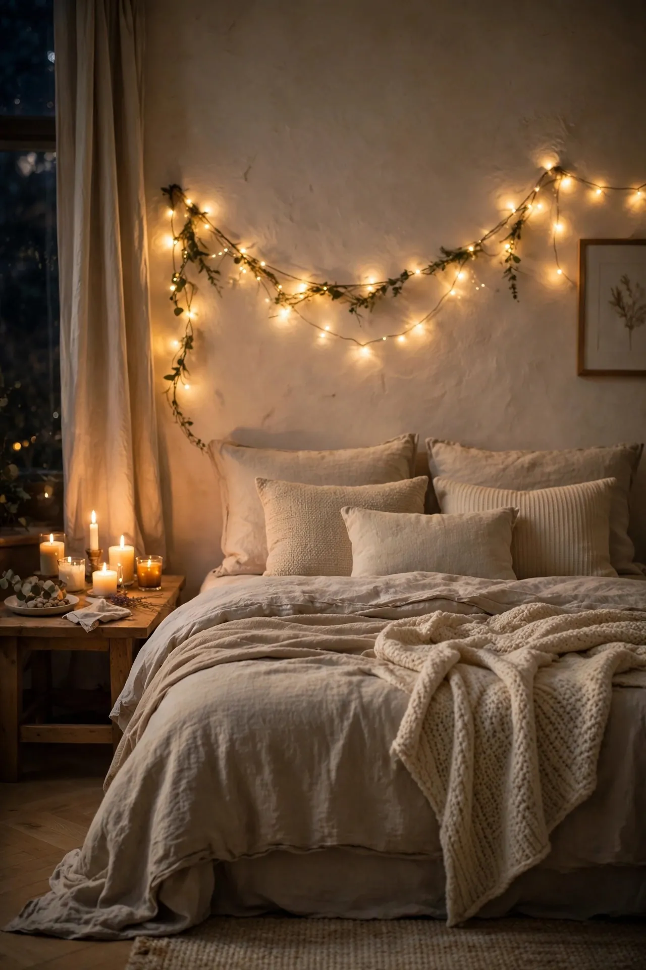 Bedroom with warm fairy lights draped above the bed