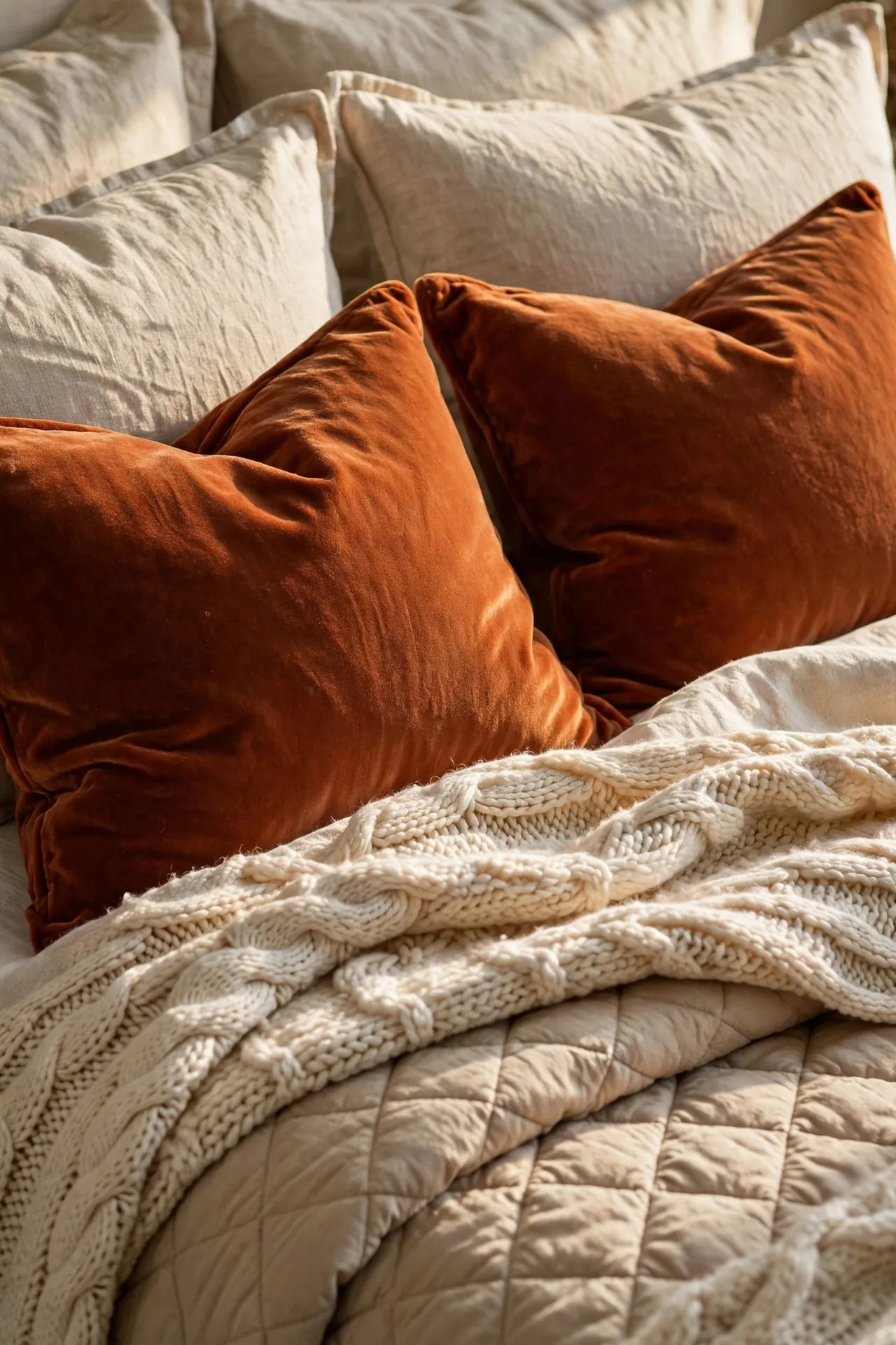 Bed with velvet and linen pillows in warm tones
