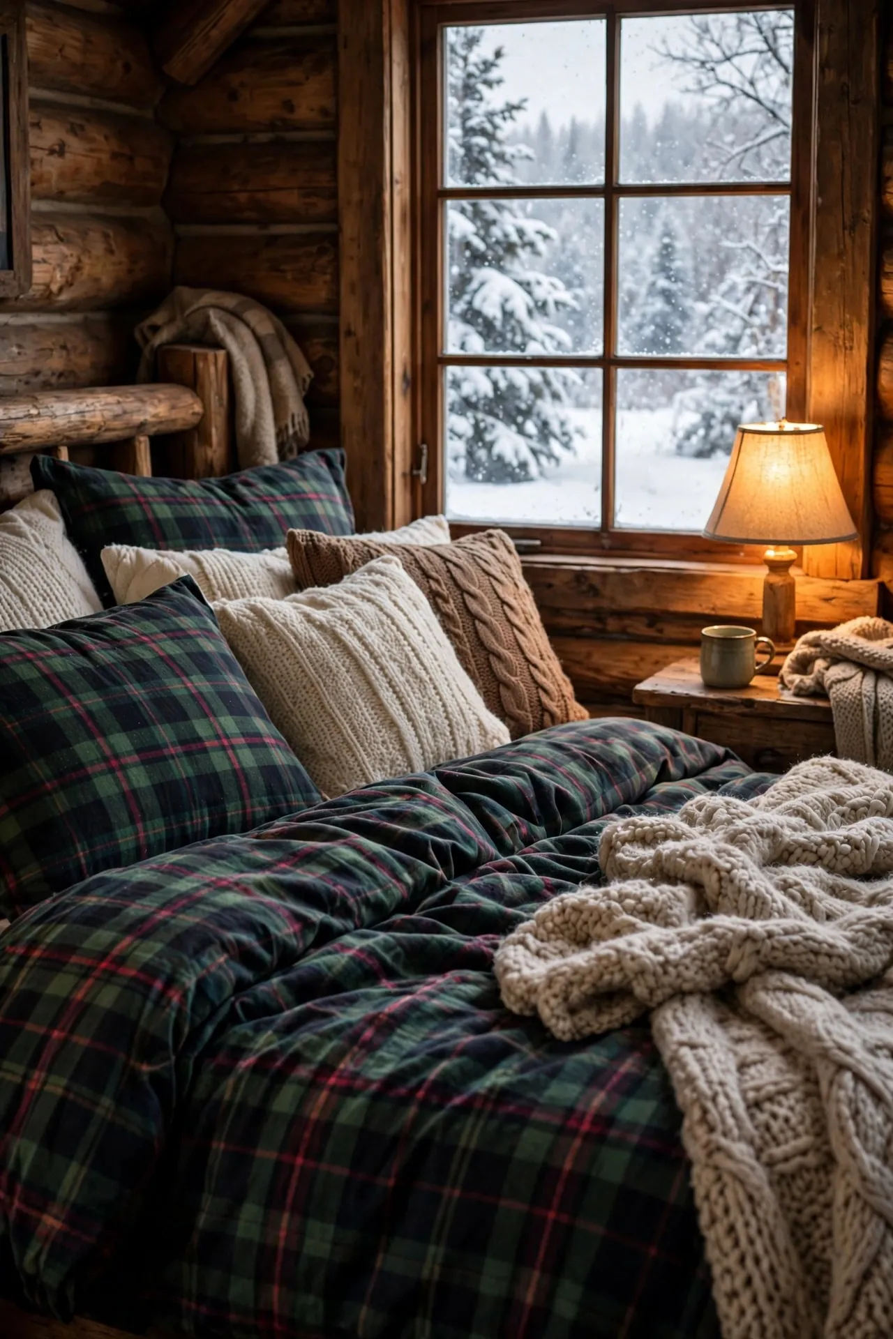 Bed with flannel sheets and wool blankets in winter