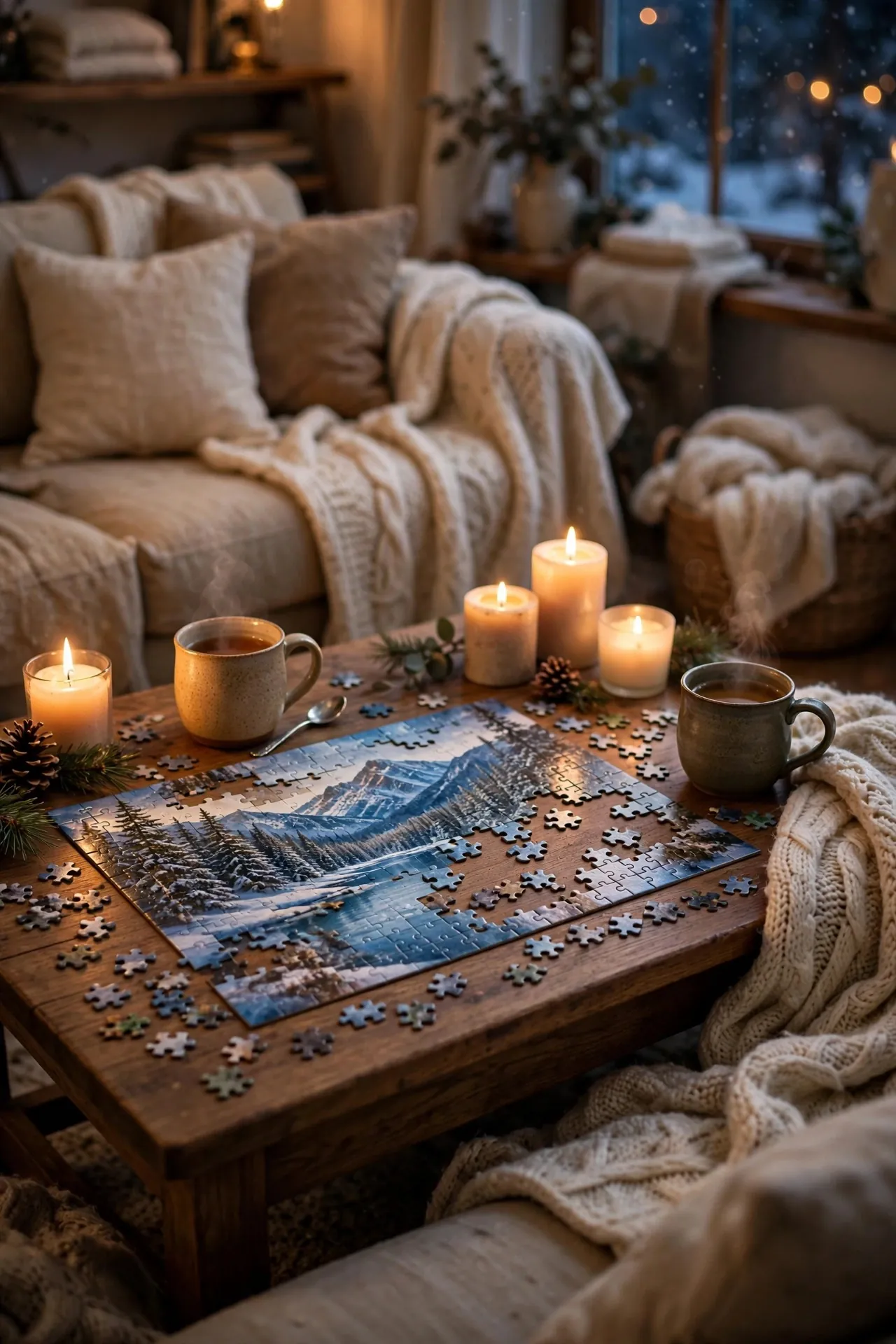 Coffee table with a jigsaw puzzle, candles and tea