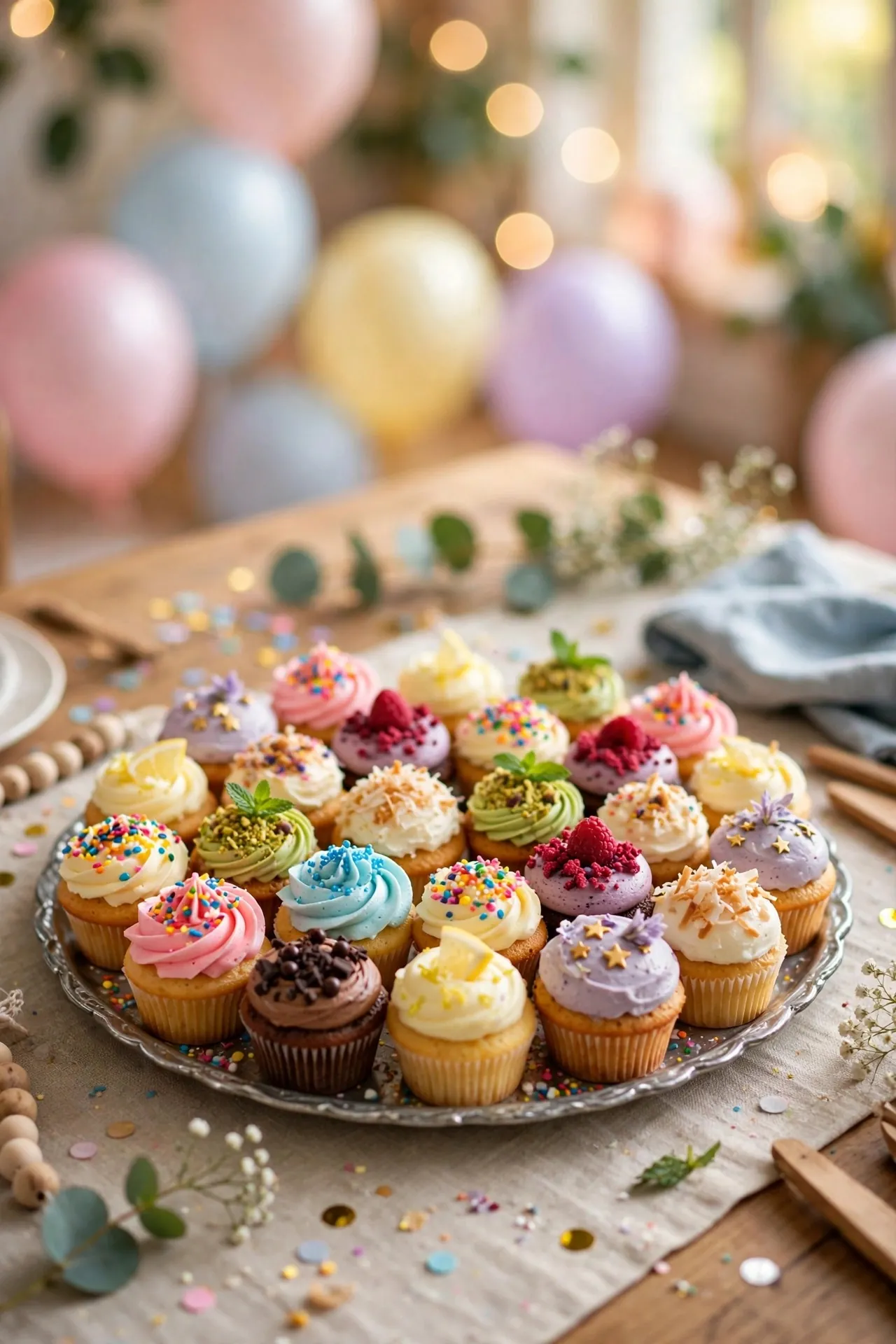Platter of colourful mini cupcakes for a party