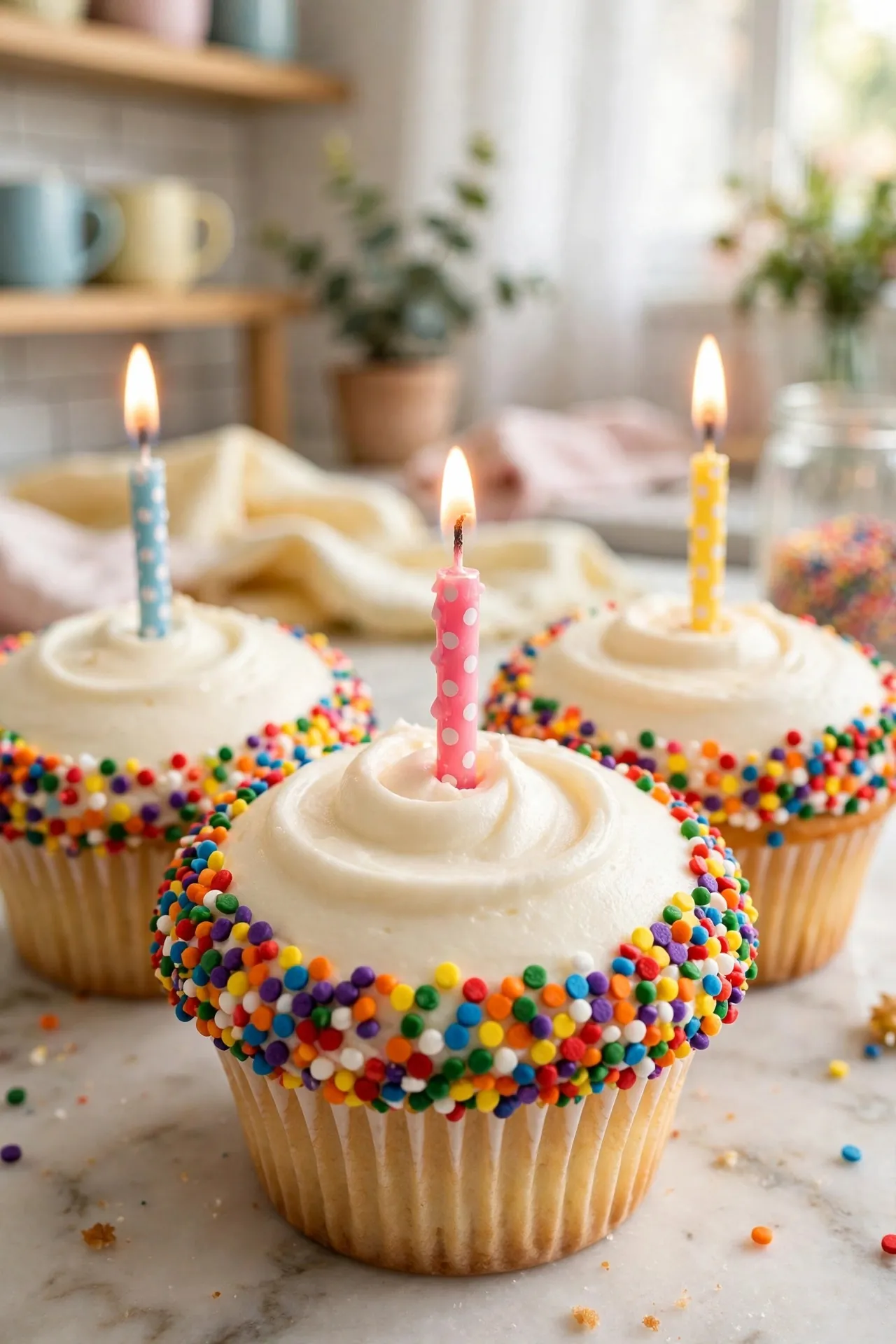 Cupcakes with rainbow sprinkle rims on white frosting