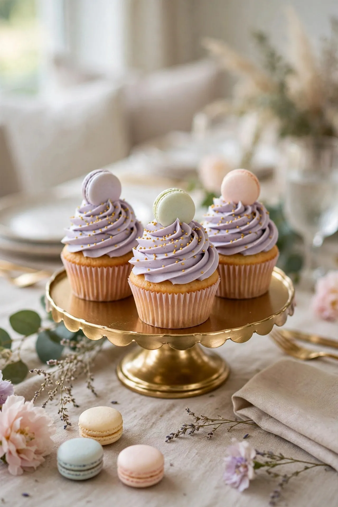 Cupcakes topped with mini macarons and gold sprinkles