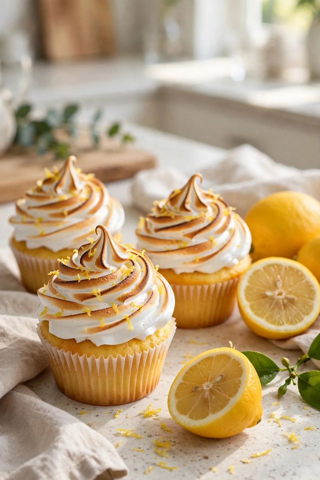 Lemon meringue cupcakes with toasted meringue tops