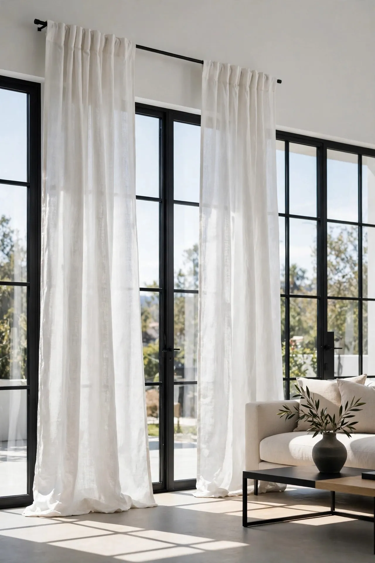 White linen curtains on a black metal rod in a modern room