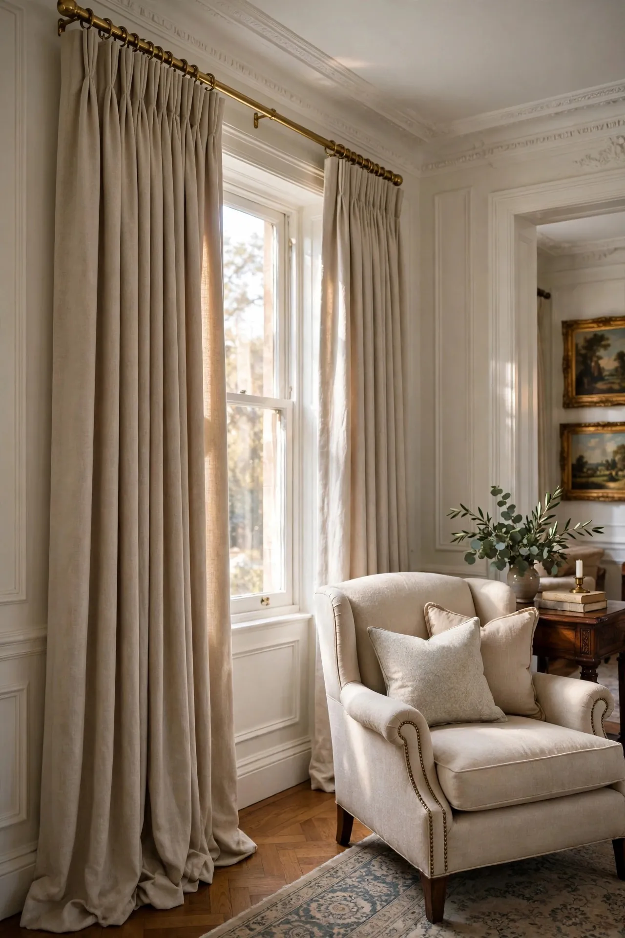 Elegant pinch pleat drapes in a formal living room