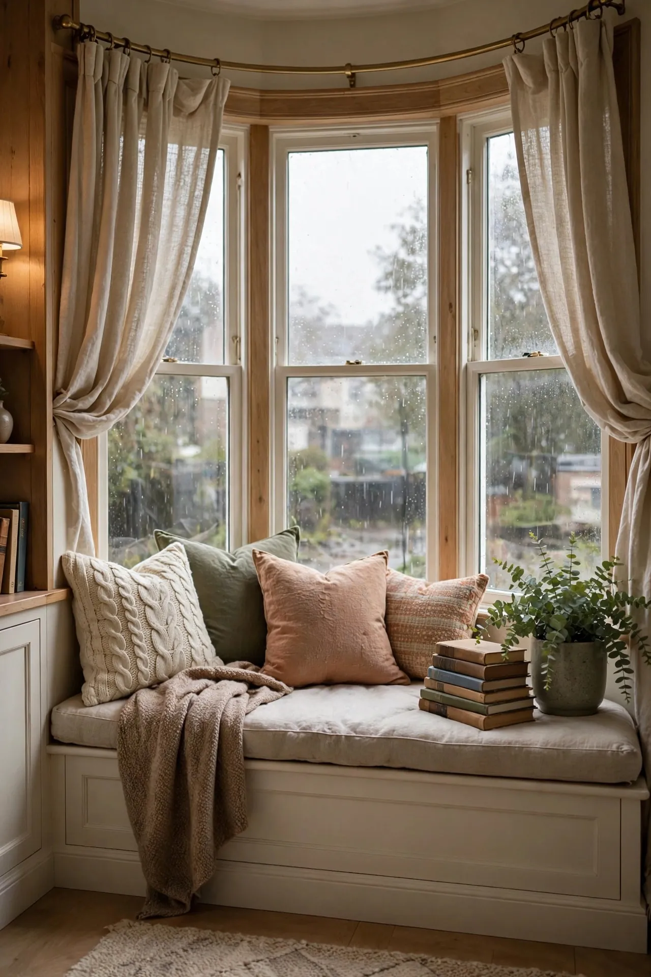 Bay window with curtains and a cushioned window seat