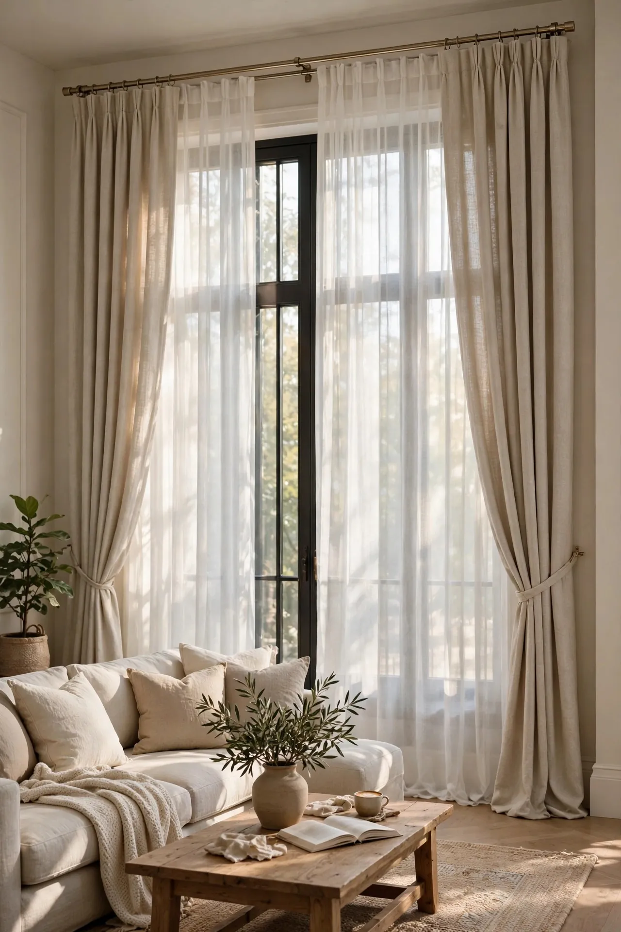 Double layered sheer and linen curtains in a living room