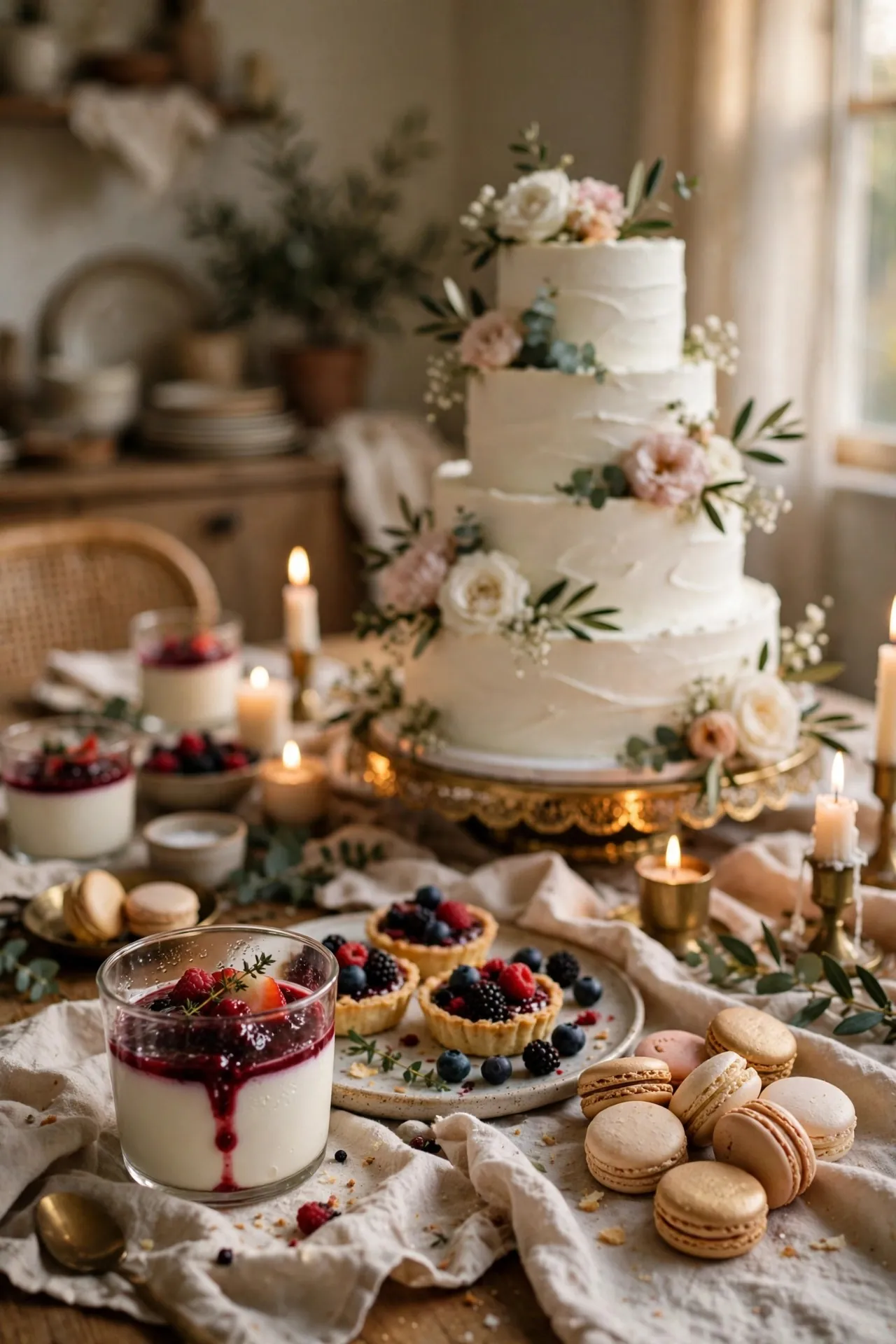 Wedding dessert table with tiered cake and mini desserts