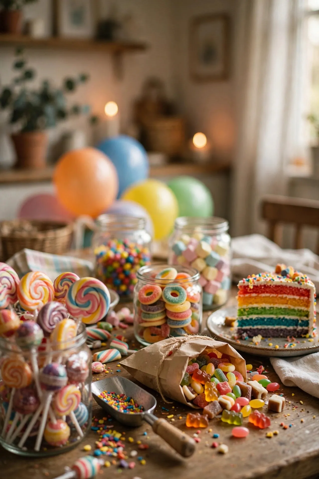 Colorful kids candy buffet with jars of sweets