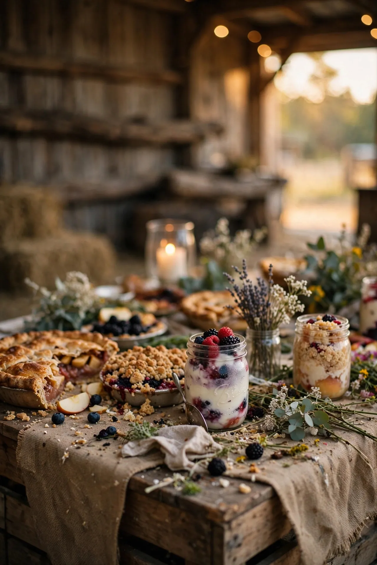 Rustic dessert table with pies on wooden crates