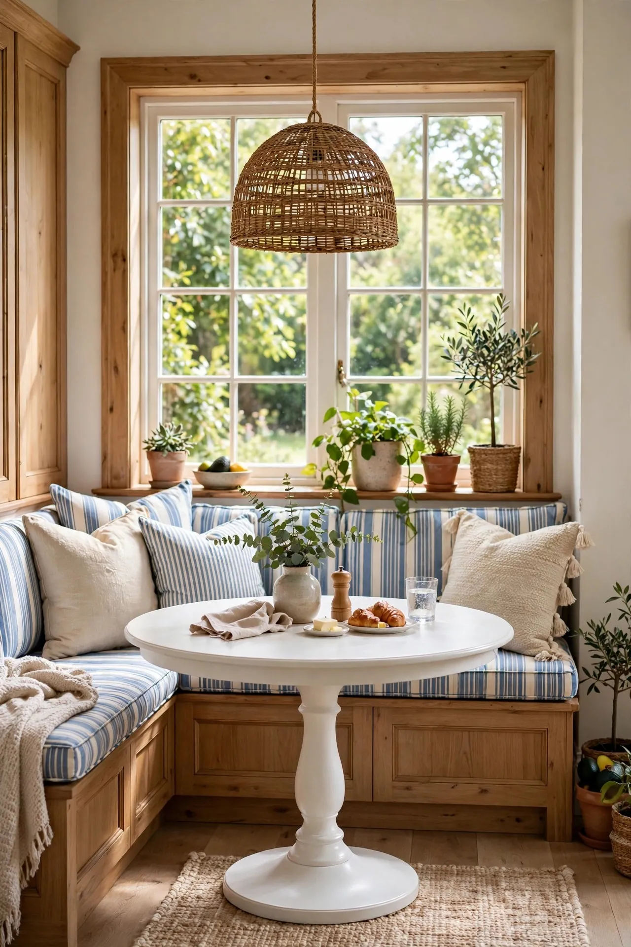 Kitchen banquette with cushions and a round pedestal table