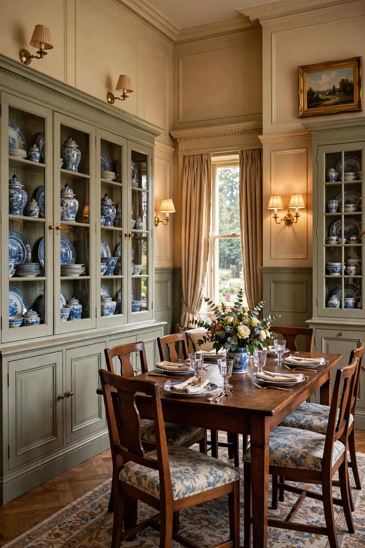 Dining room with built-in glass cabinets displaying china