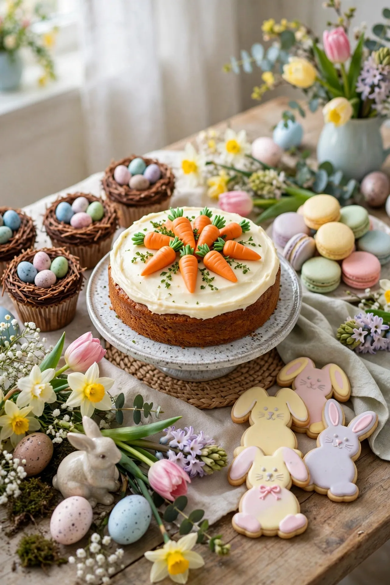Easter dessert table with carrot cake and cupcakes