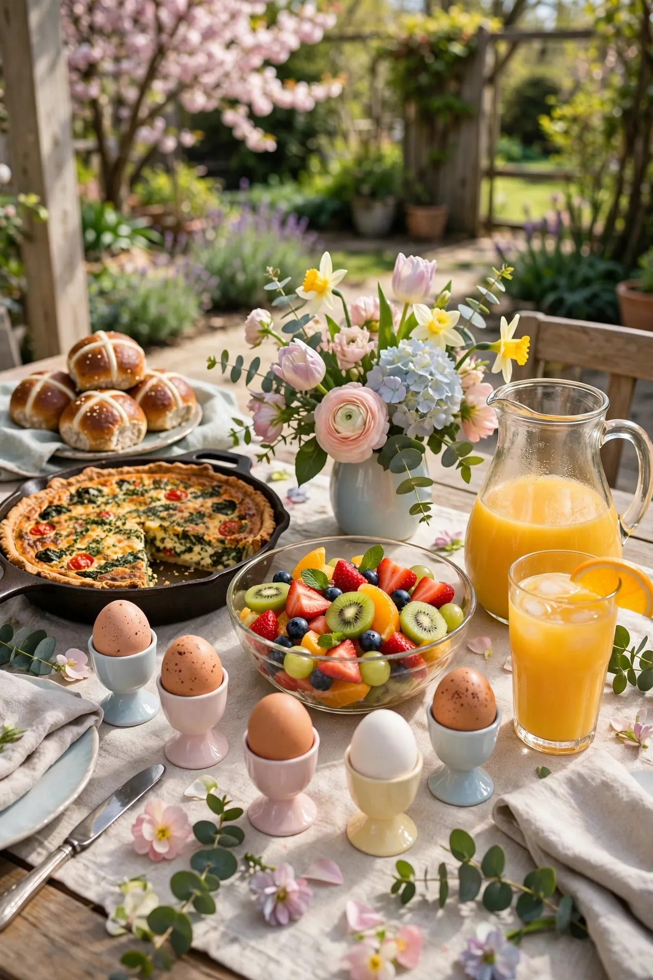 Easter brunch table with hot cross buns and quiche
