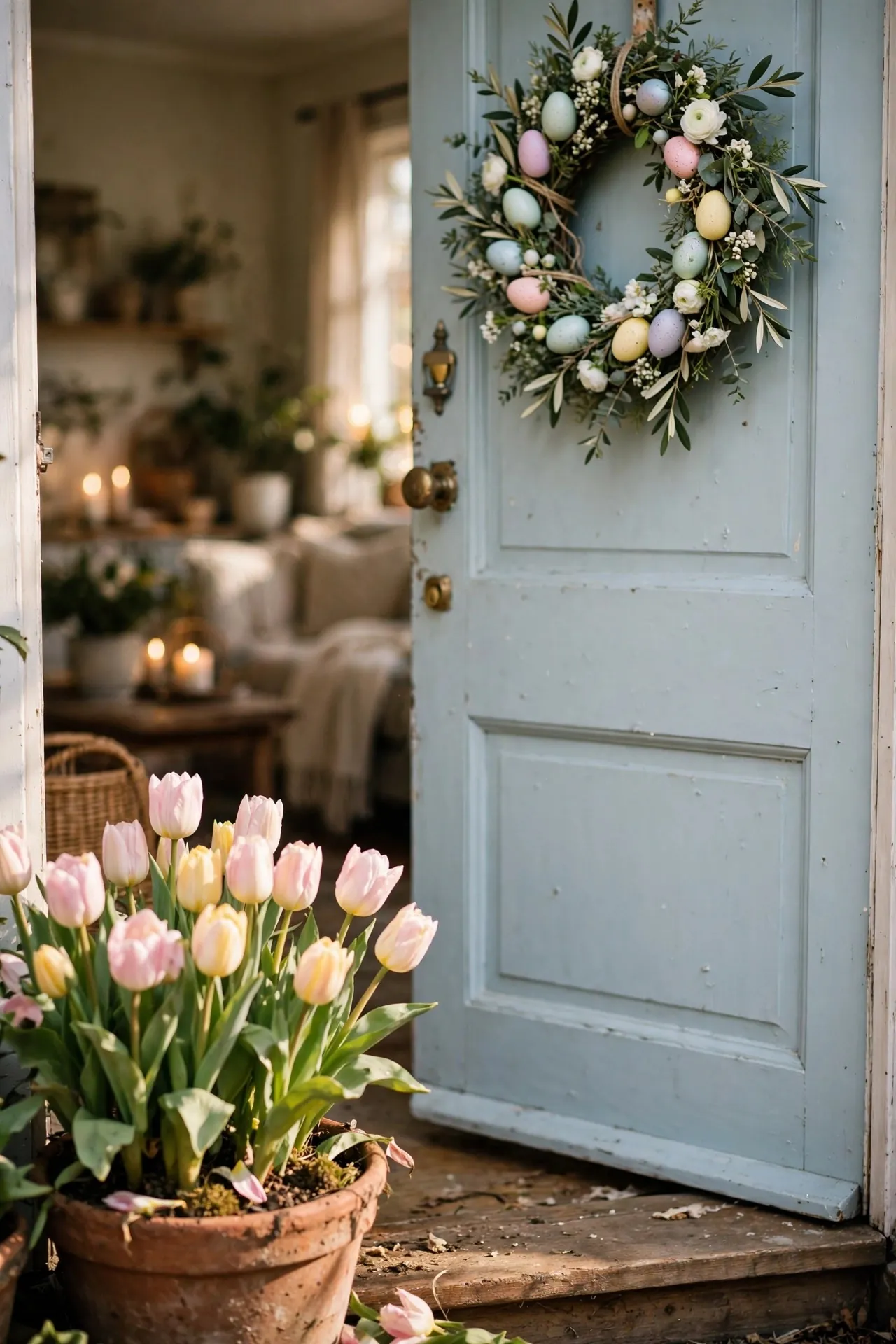 Front door with an Easter wreath of eggs and flowers