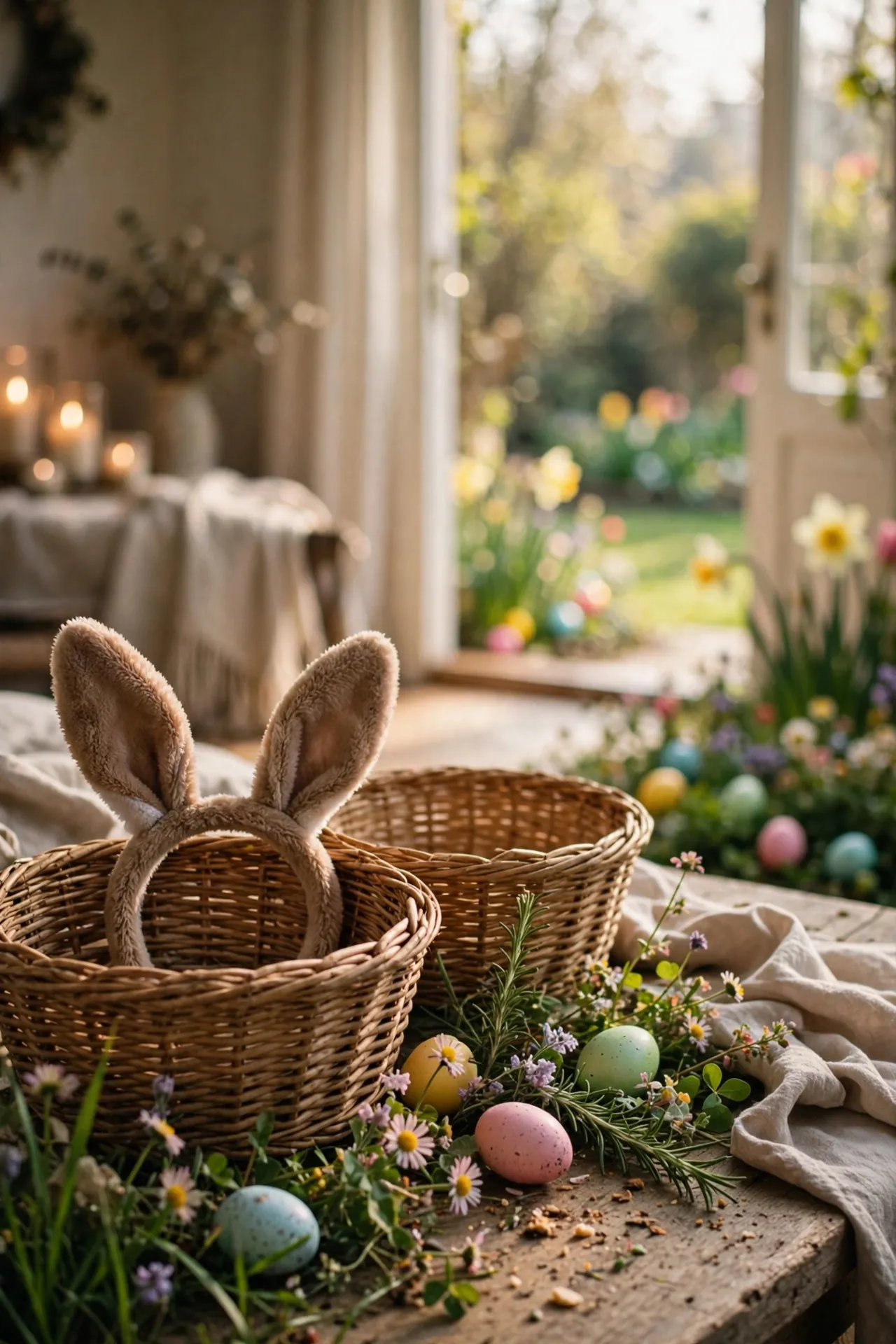 Garden Easter egg hunt with baskets and colorful eggs