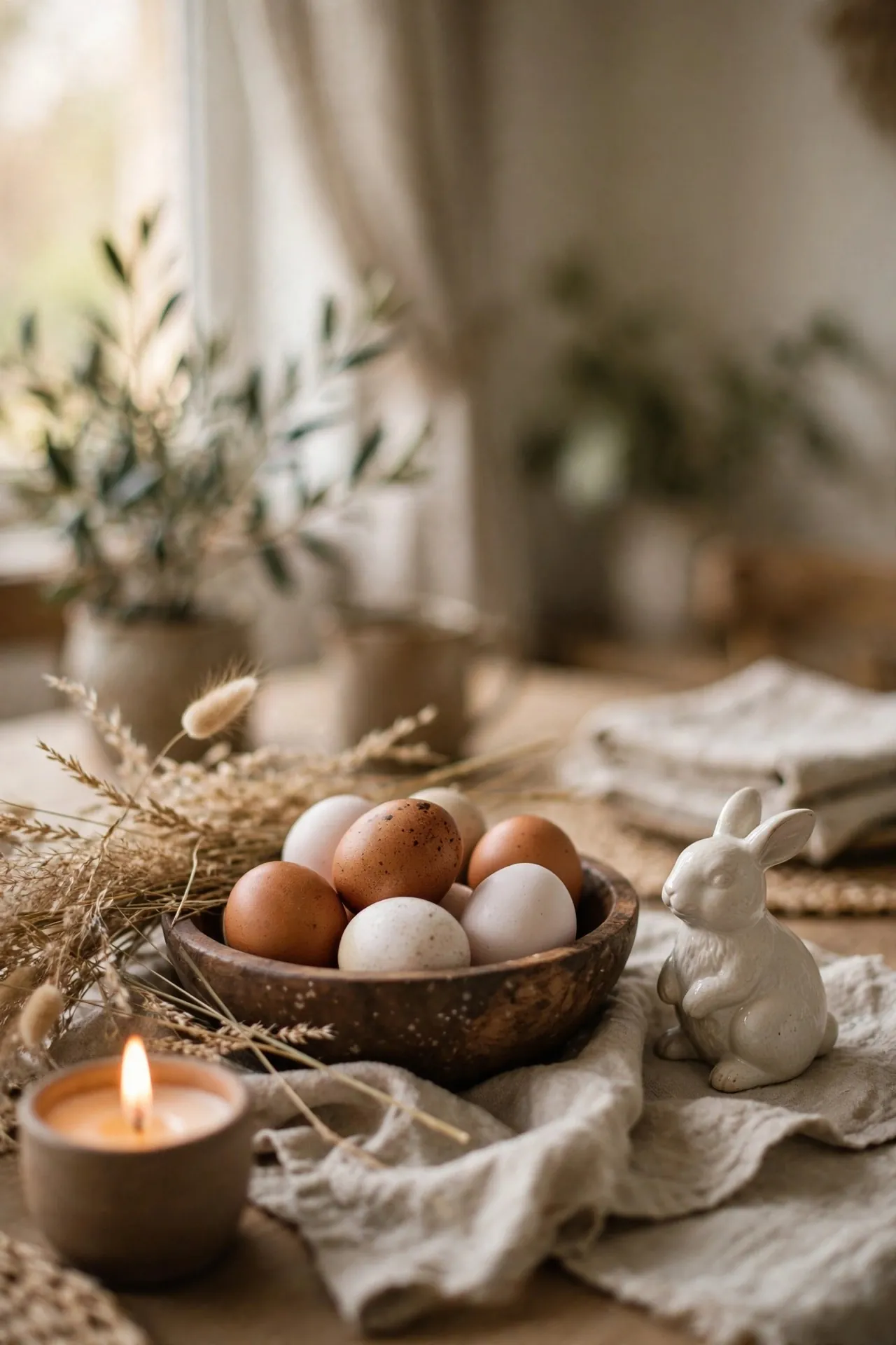 Neutral Easter decor with natural eggs and linen