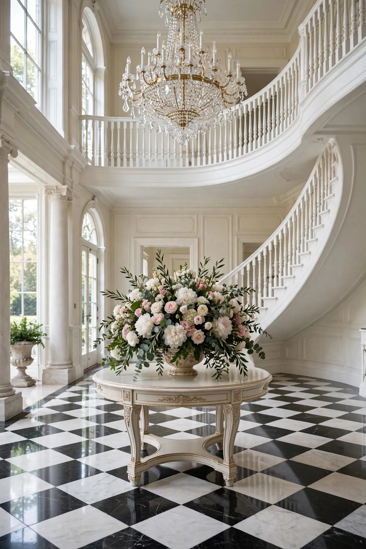 Grand foyer with a curved staircase and chandelier