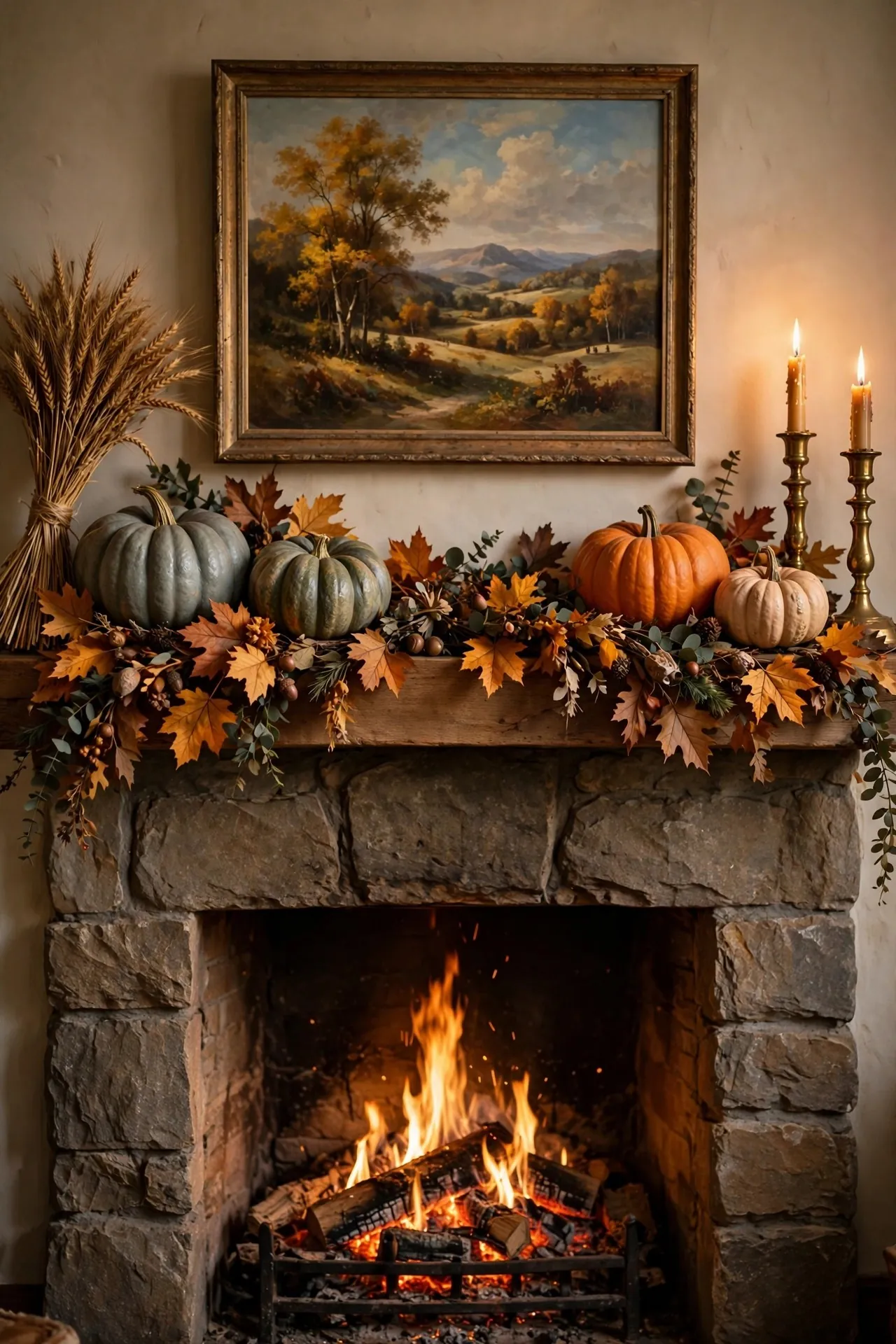 Fall mantel decorated with pumpkins, leaves and candles