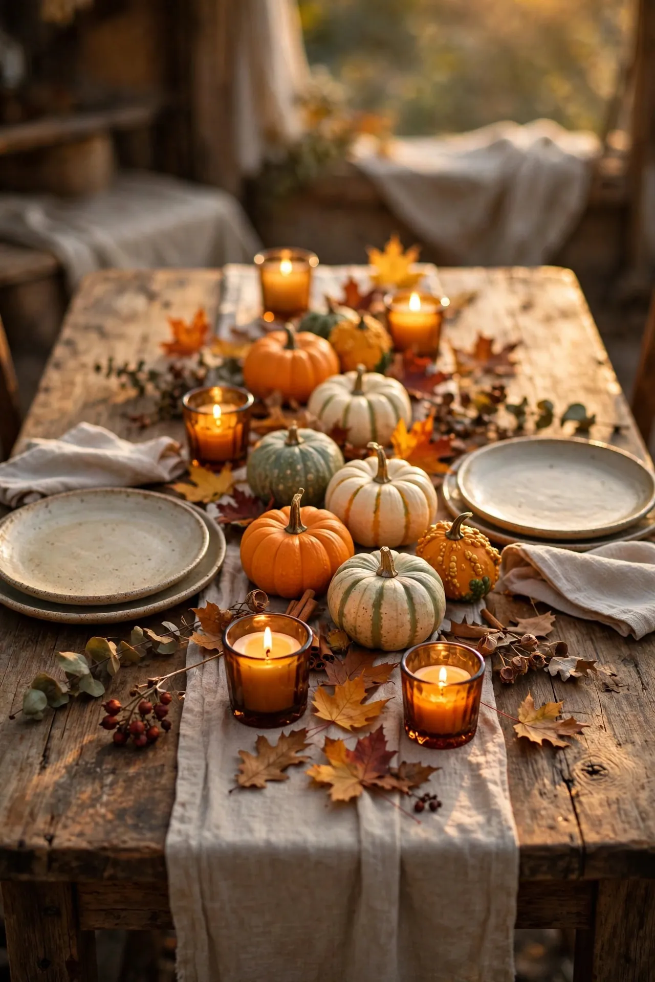 Fall dinner table with pumpkins, candles and autumn leaves