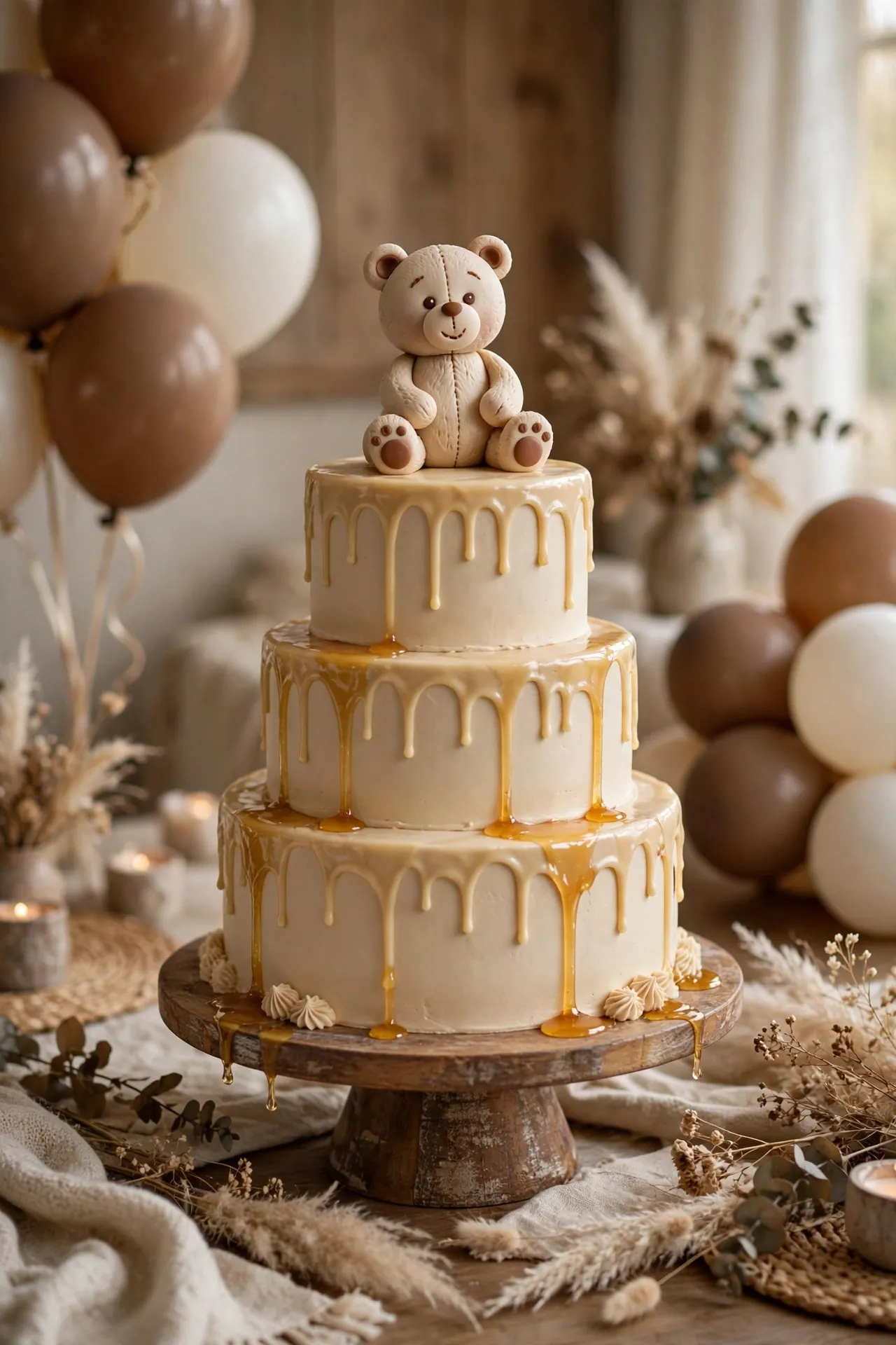 Teddy bear themed first birthday cake in beige and brown