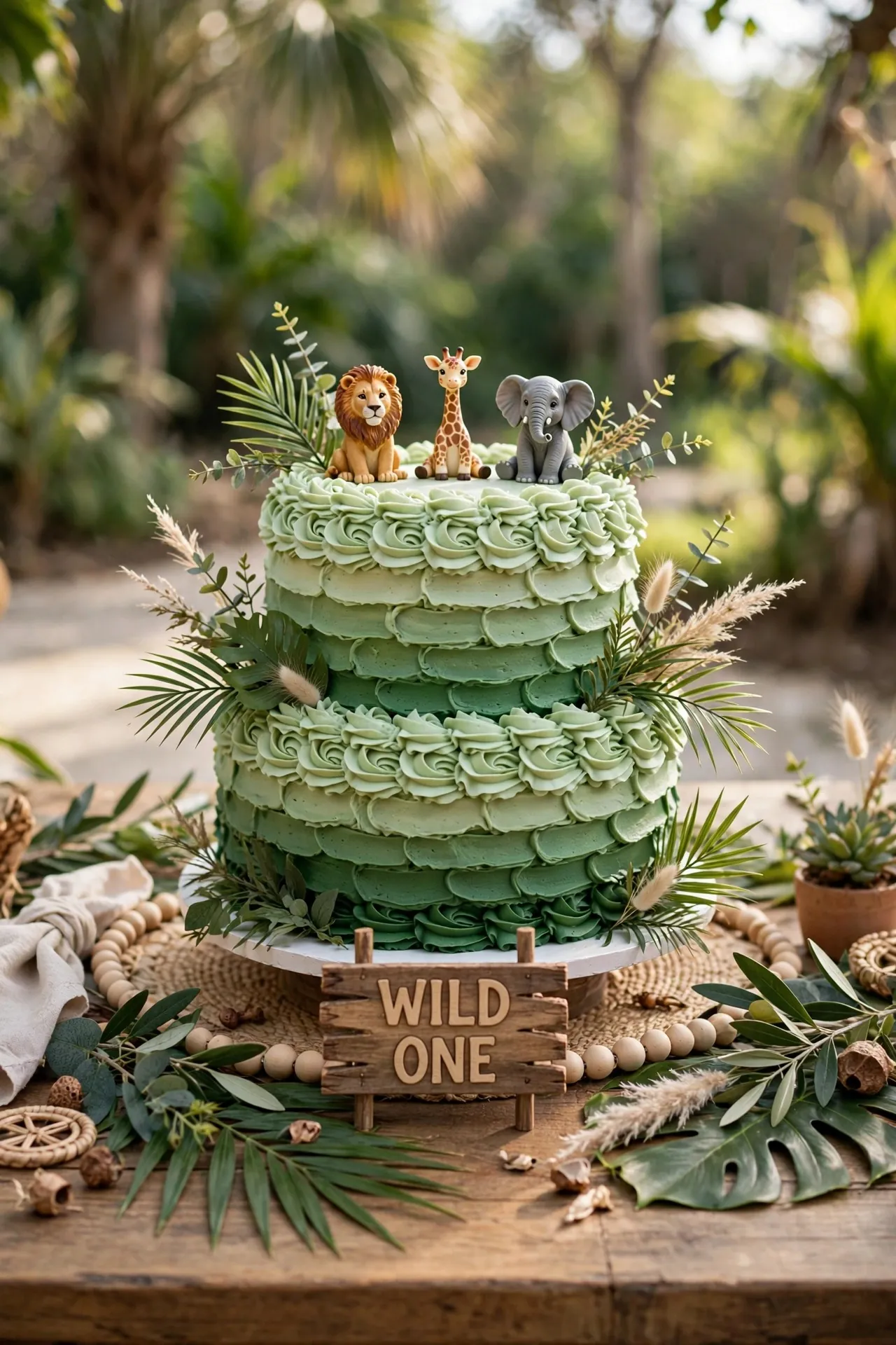 Wild one safari first birthday cake with animal toppers