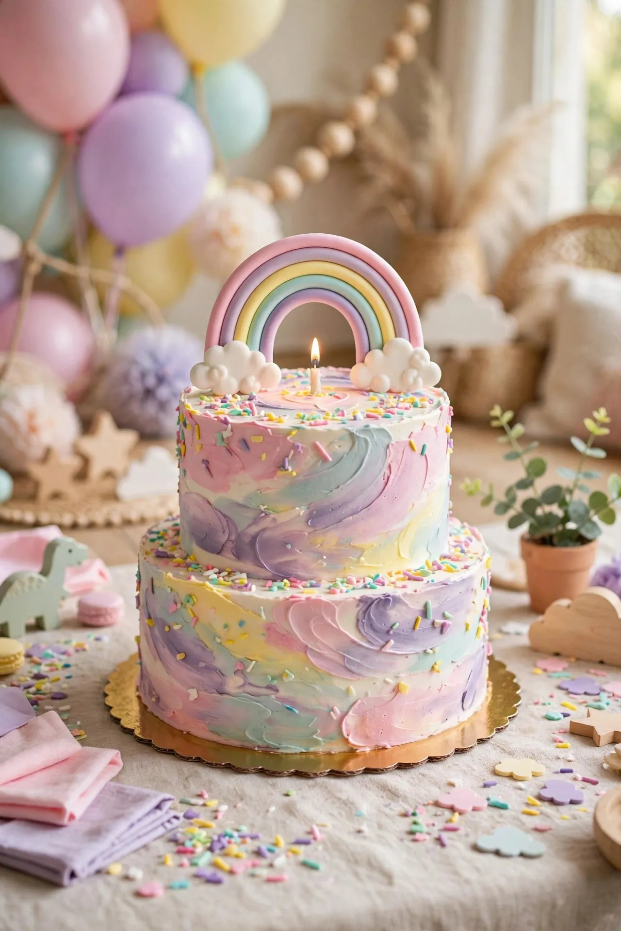 Pastel rainbow first birthday cake with sprinkles