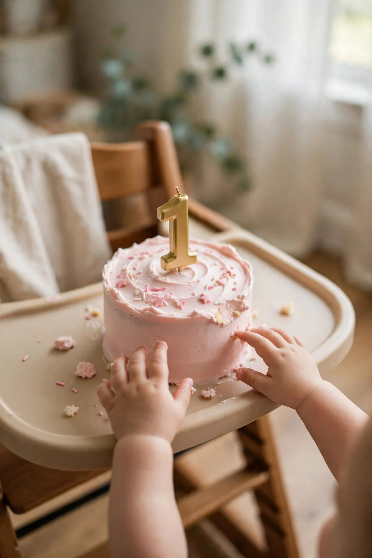 Baby smash cake with pastel frosting and a number one candle