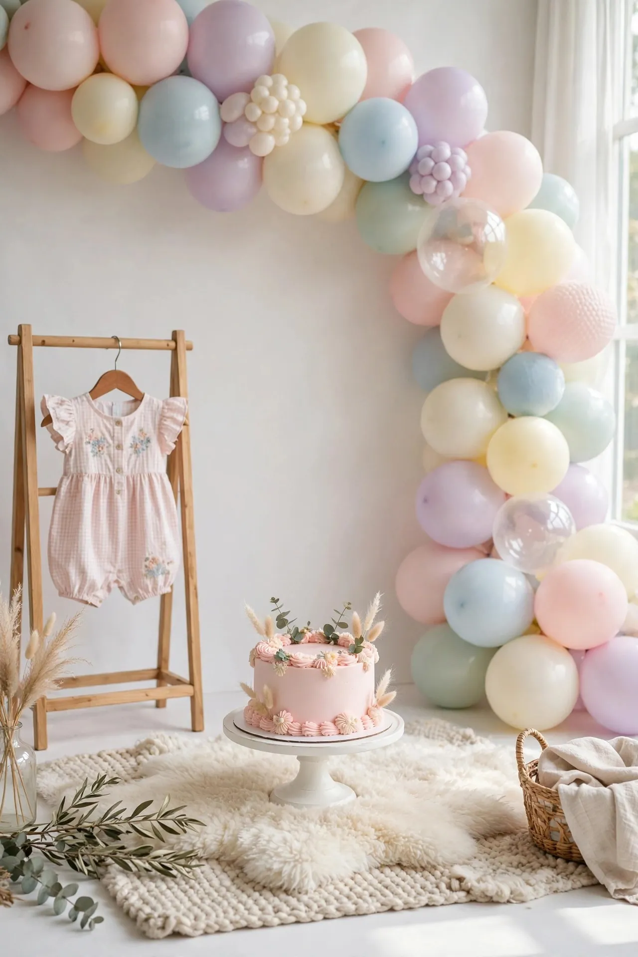 First birthday cake smash photoshoot set up with balloons
