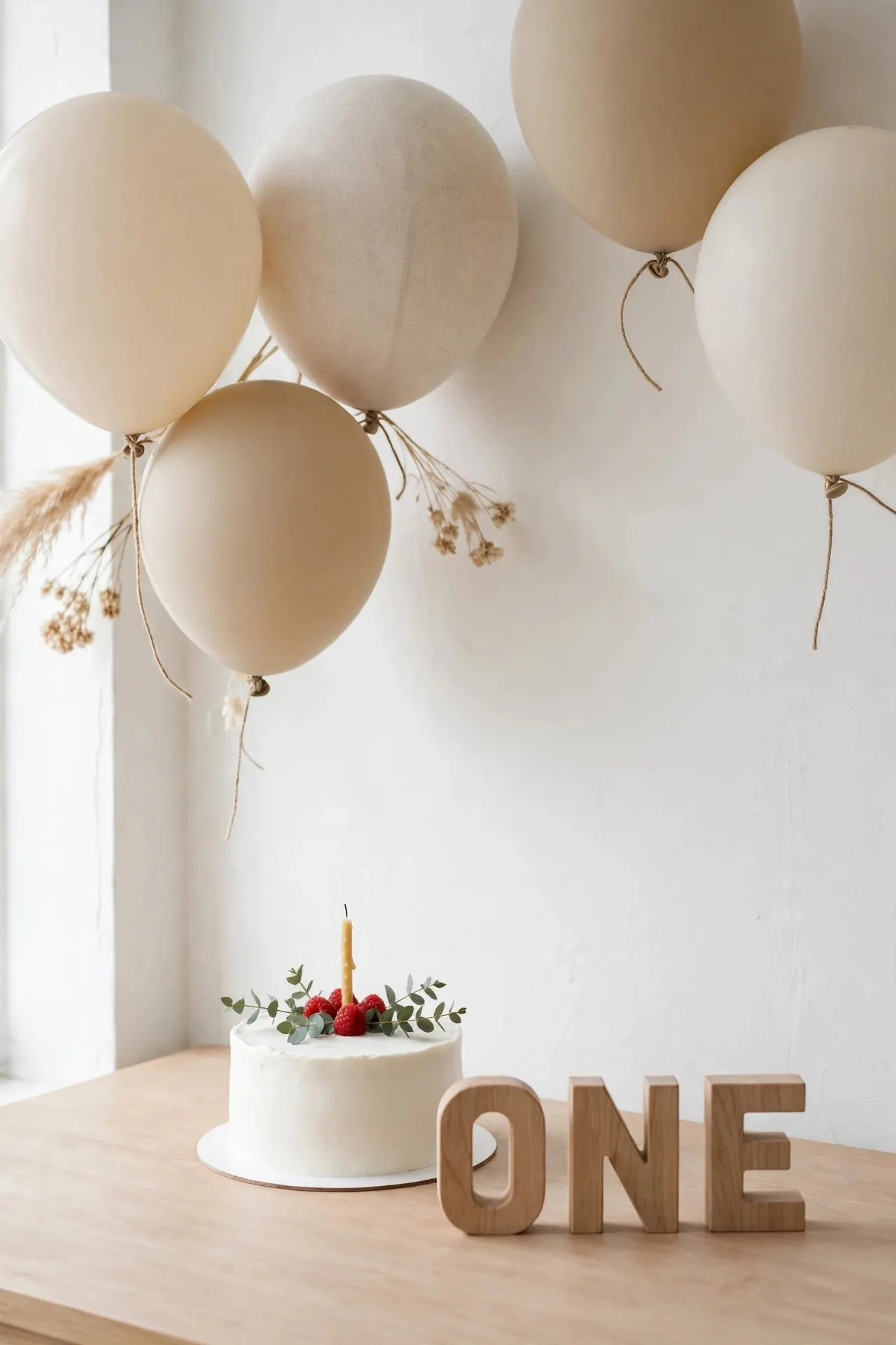 Minimal modern first birthday with neutral balloons