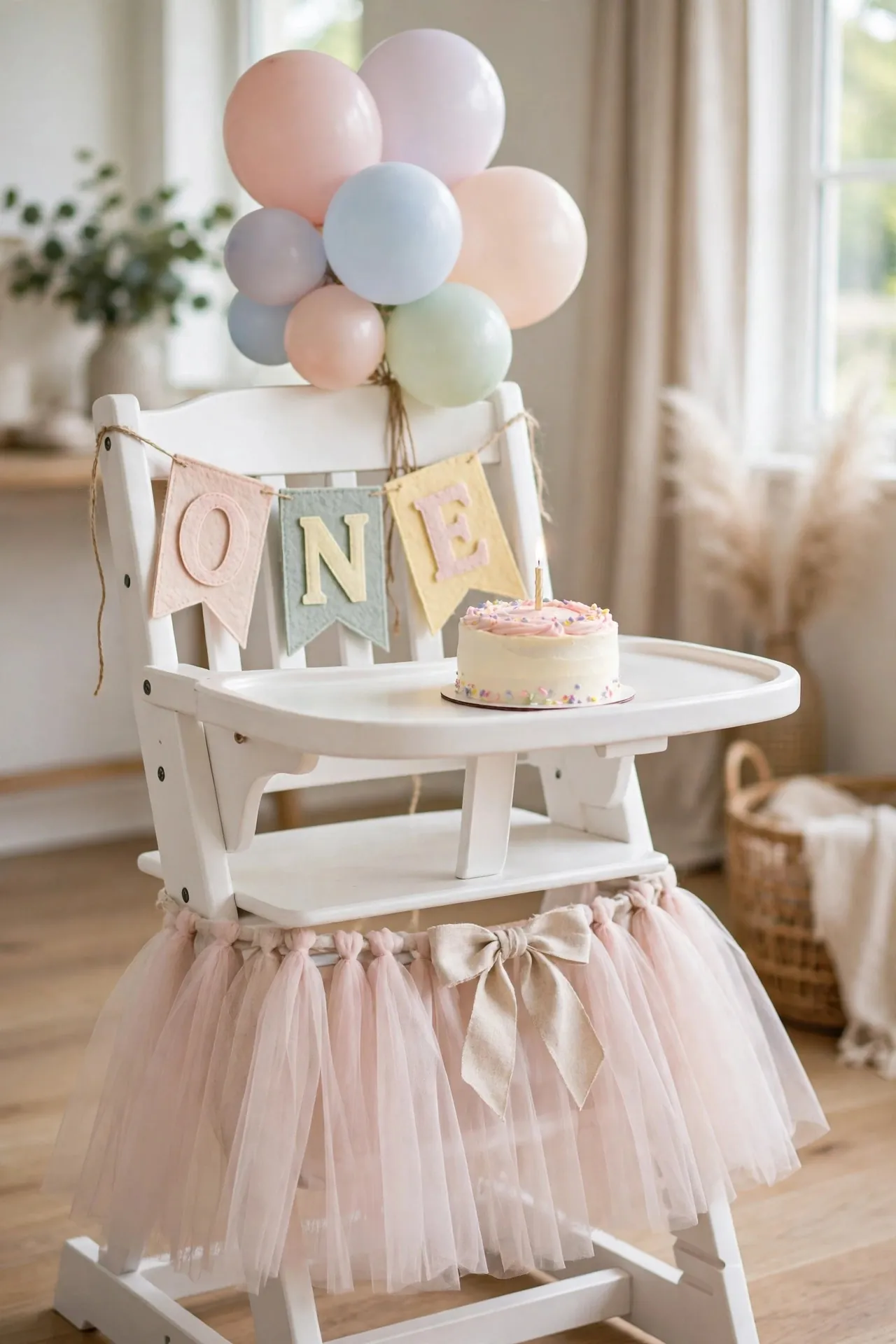 Decorated high chair for a first birthday with a ONE banner