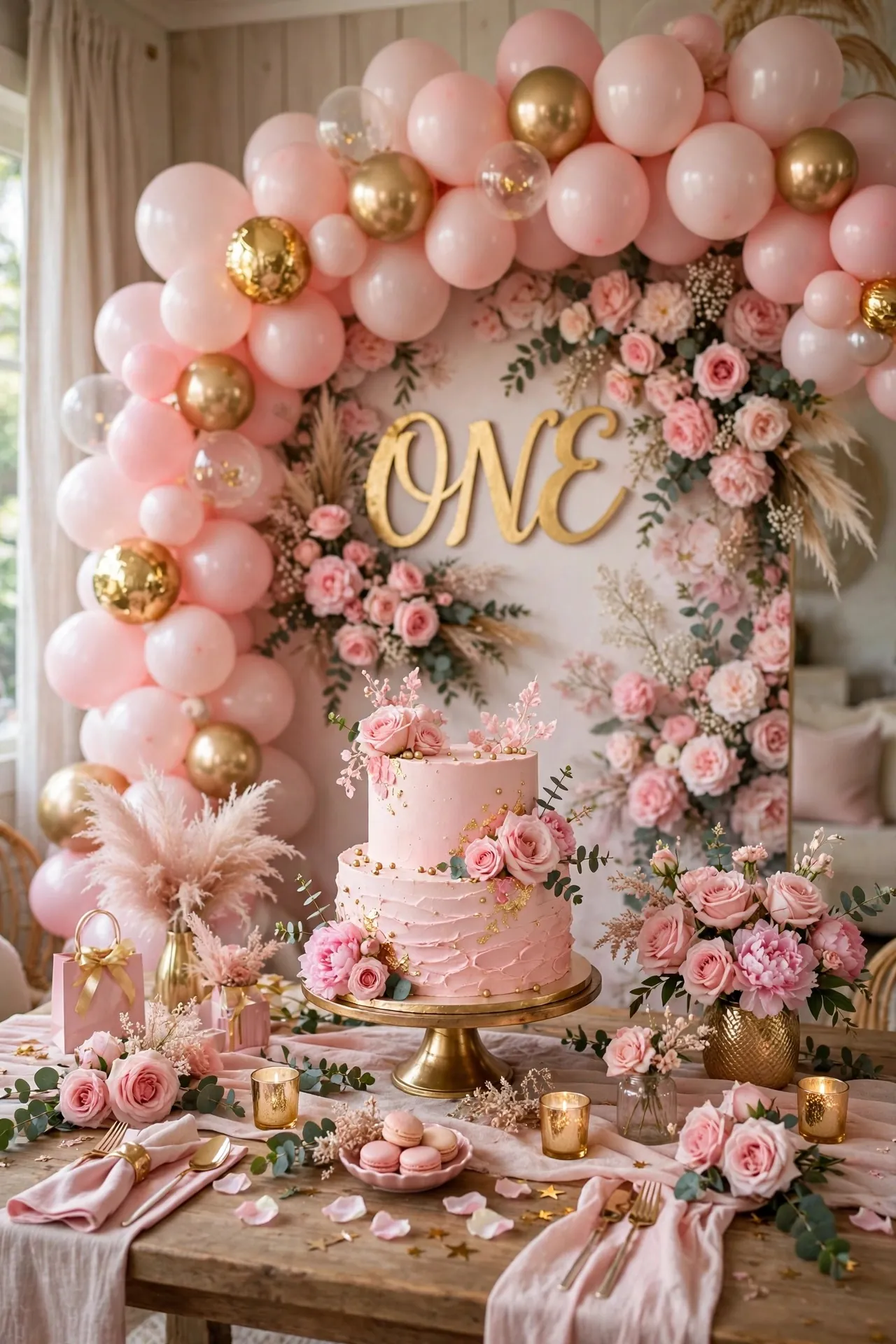Pink and gold first birthday party for a baby girl