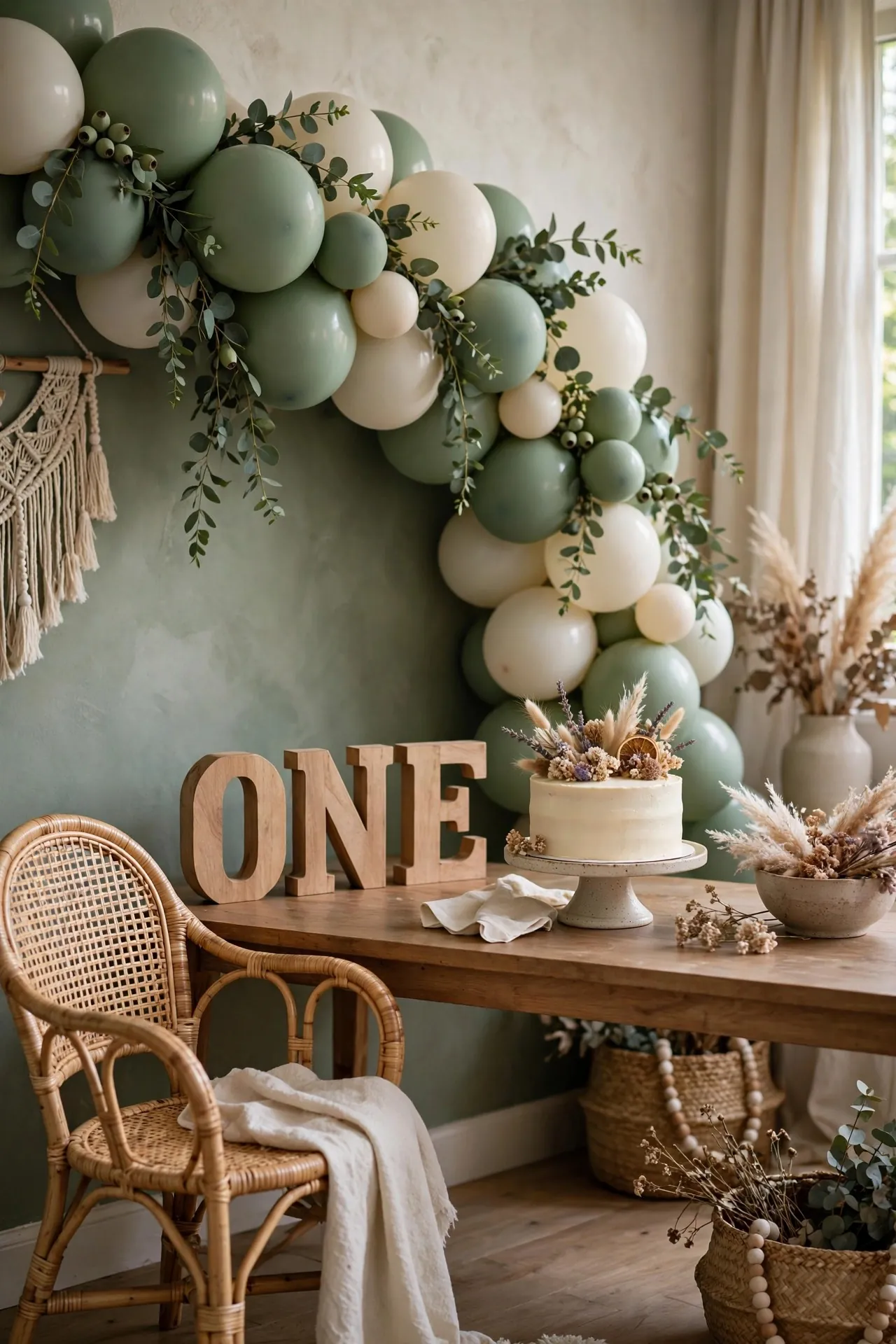 Neutral sage and cream first birthday party decor