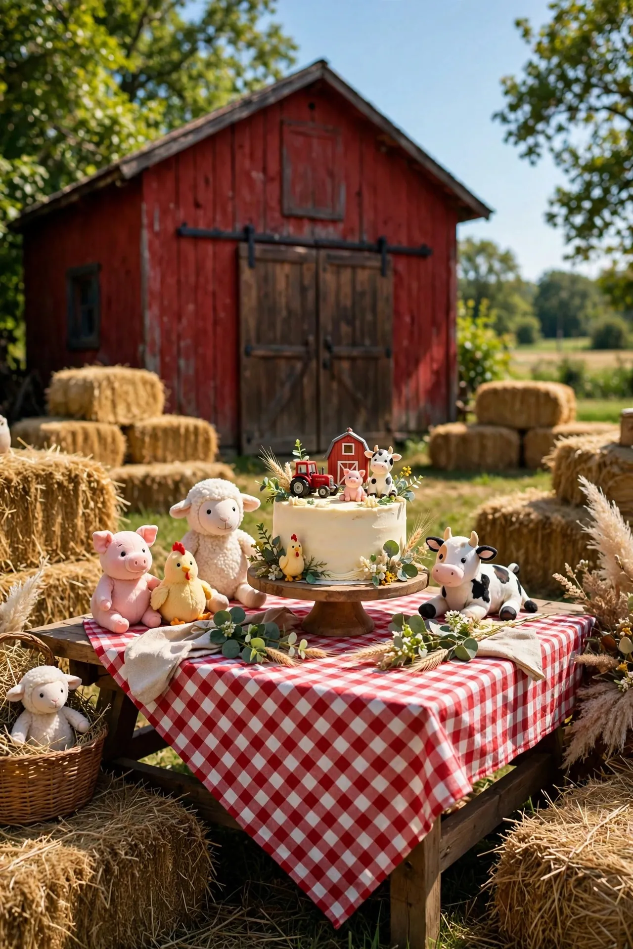 Farm themed first birthday with hay bales and animals